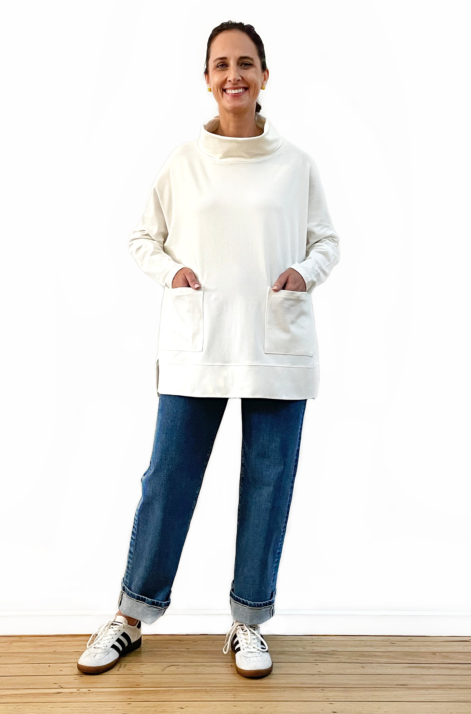 BAMBOO/ORGANIC COTTON PATCH POCKET COWL NECK TOP OFF WHITE