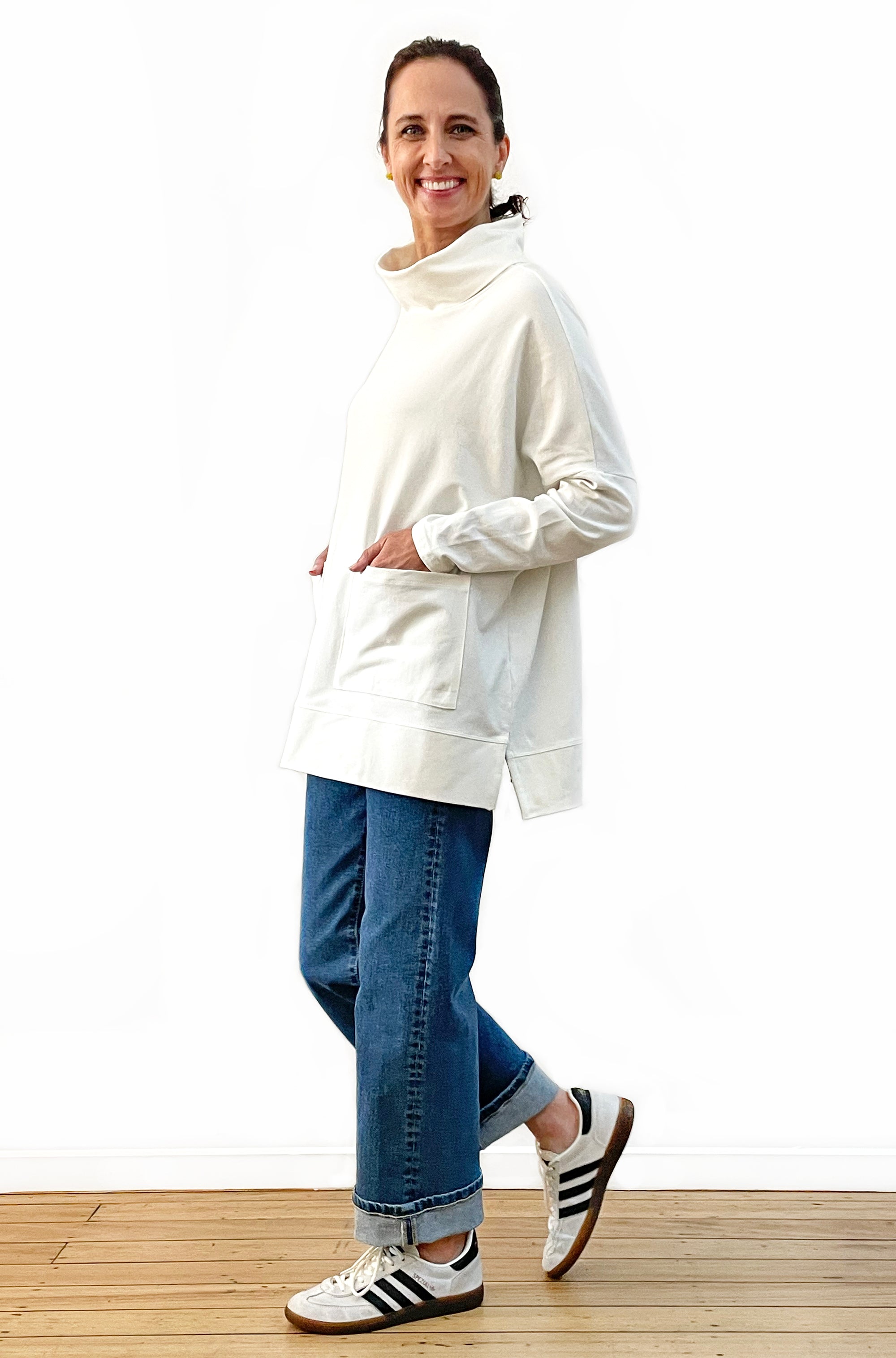 BAMBOO/ORGANIC COTTON PATCH POCKET COWL NECK TOP OFF WHITE