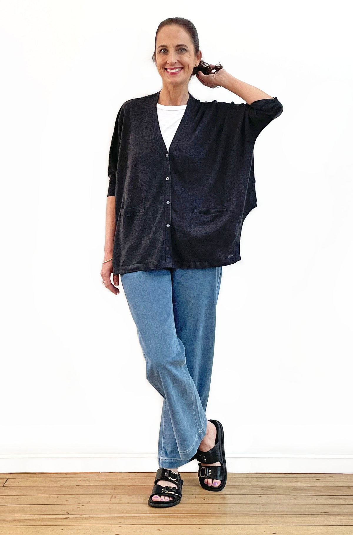 BRIDGE & LORD LINEN/COTTON OVERSIZED SWING CARDIGAN ASPHALT