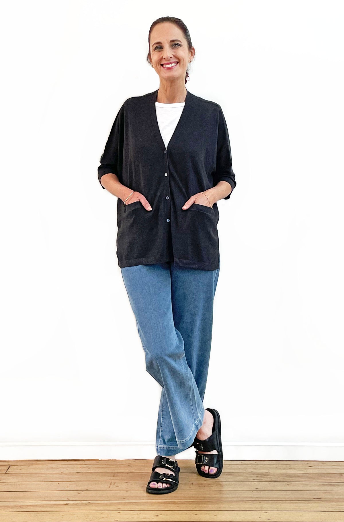 BRIDGE & LORD LINEN/COTTON OVERSIZED SWING CARDIGAN ASPHALT