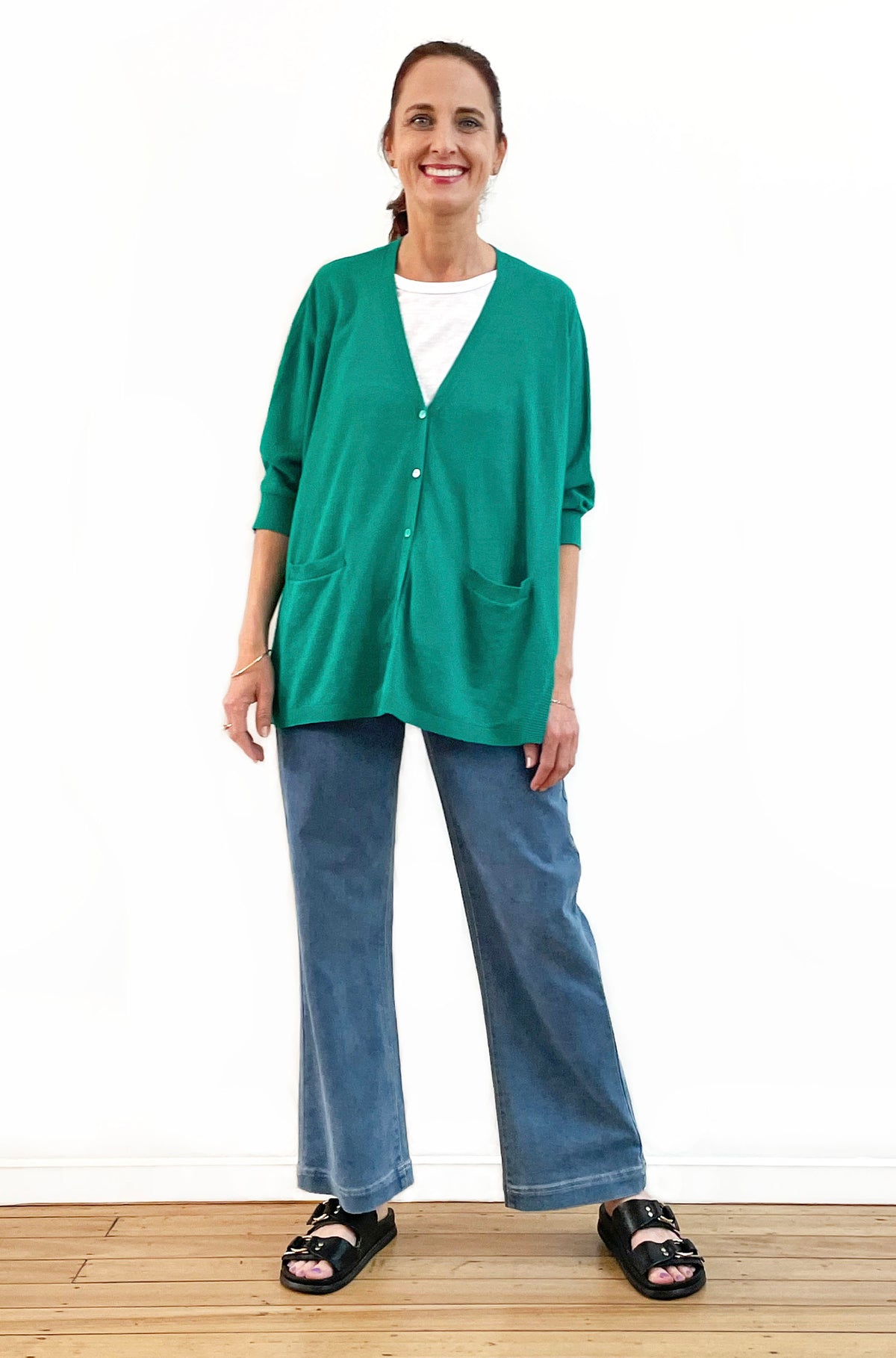 BRIDGE & LORD LINEN/COTTON OVERSIZED SWING CARDIGAN JADE