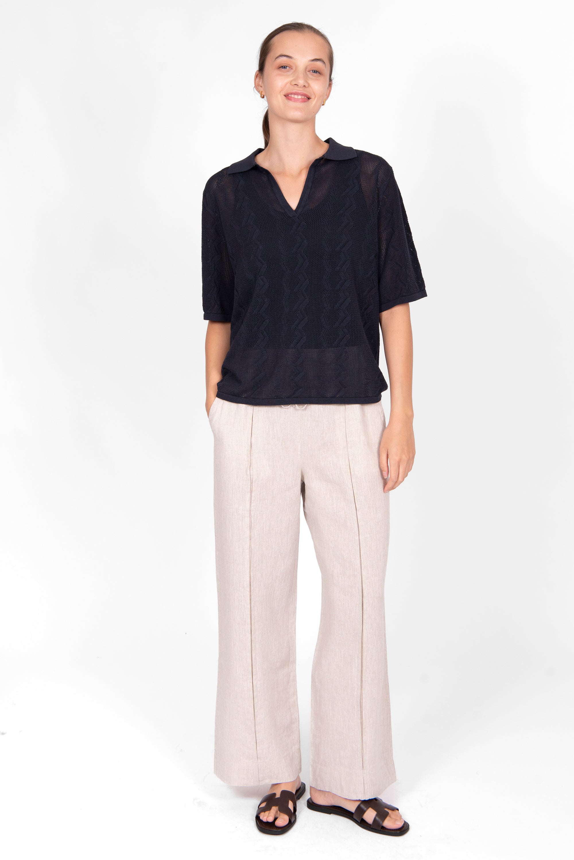 BRIDGE & LORD ZIG ZAG POINTELLE POLO BLACK