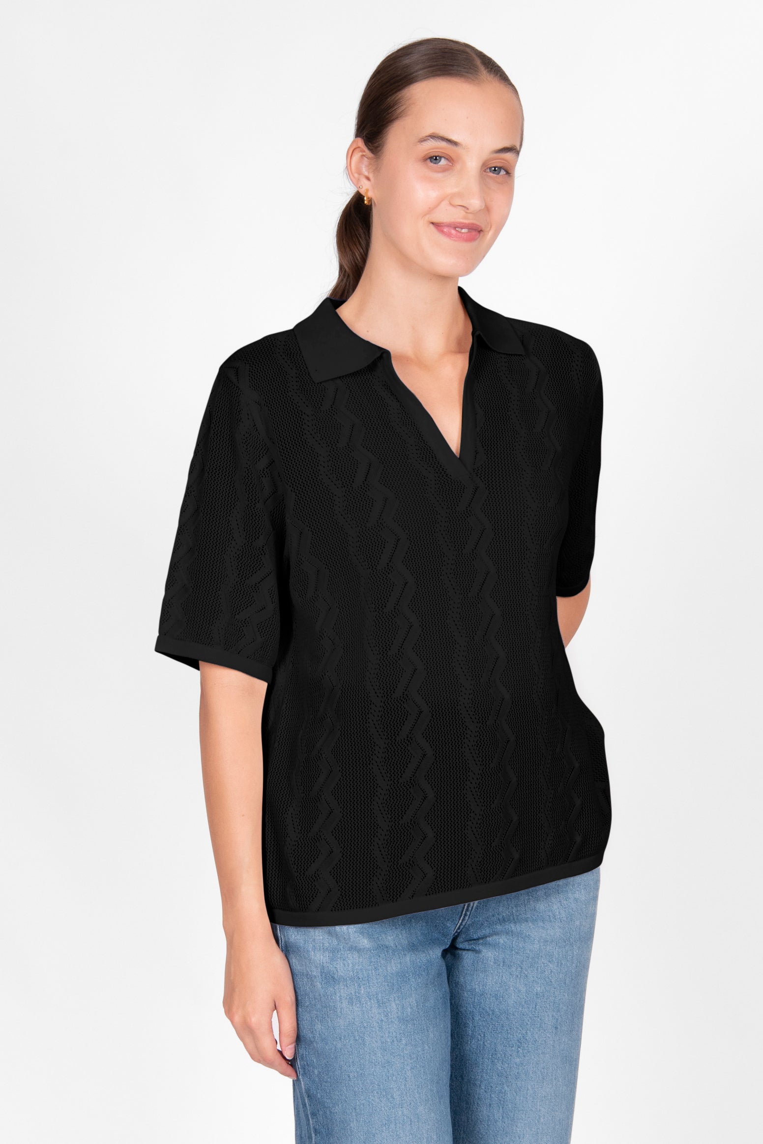 BRIDGE & LORD ZIG ZAG POINTELLE POLO BLACK
