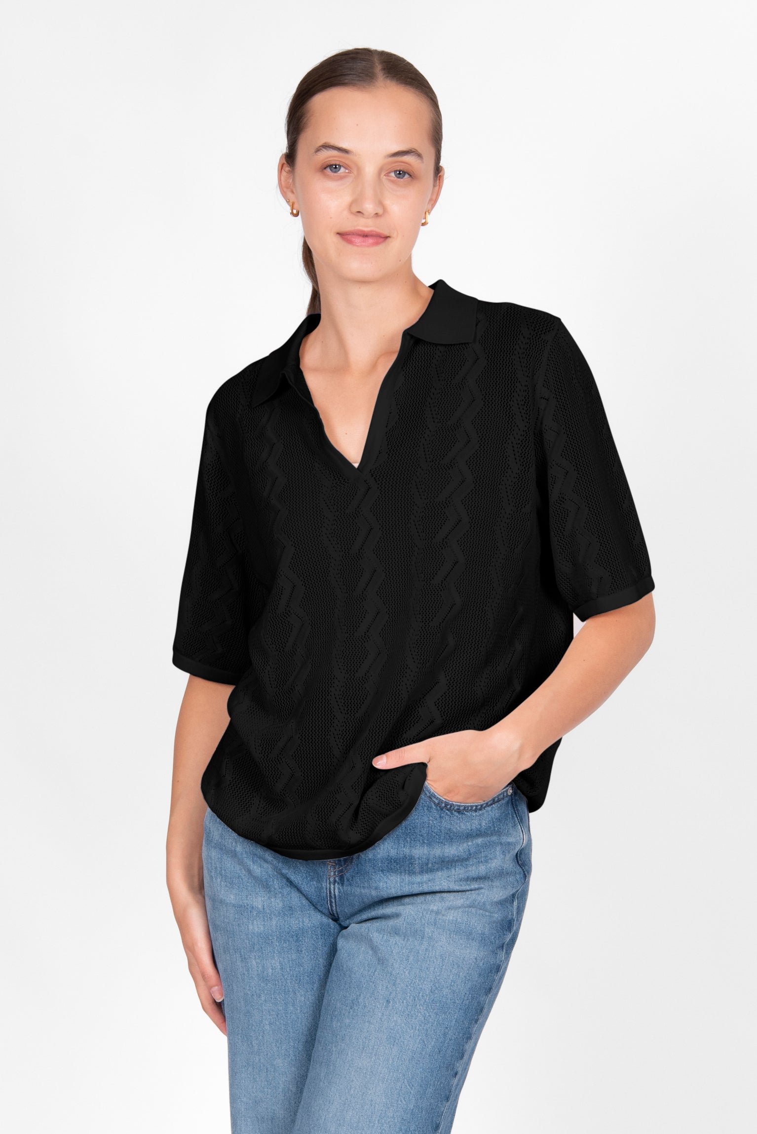BRIDGE & LORD ZIG ZAG POINTELLE POLO BLACK