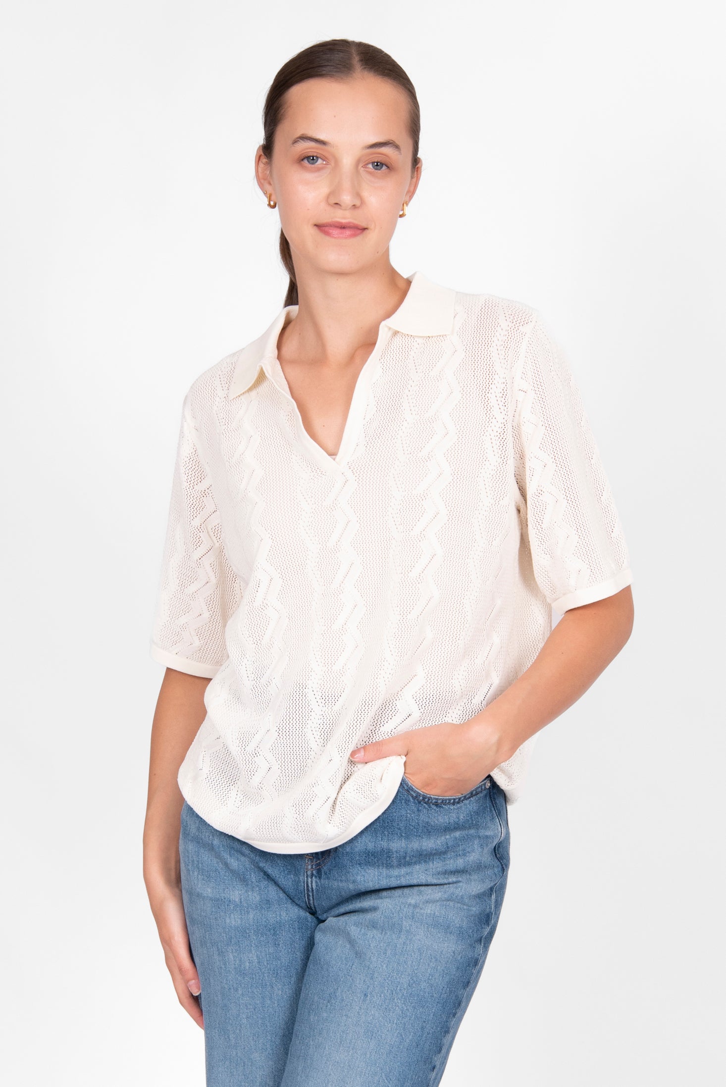 BRIDGE & LORD ZIG ZAG POINTELLE POLO CREAM