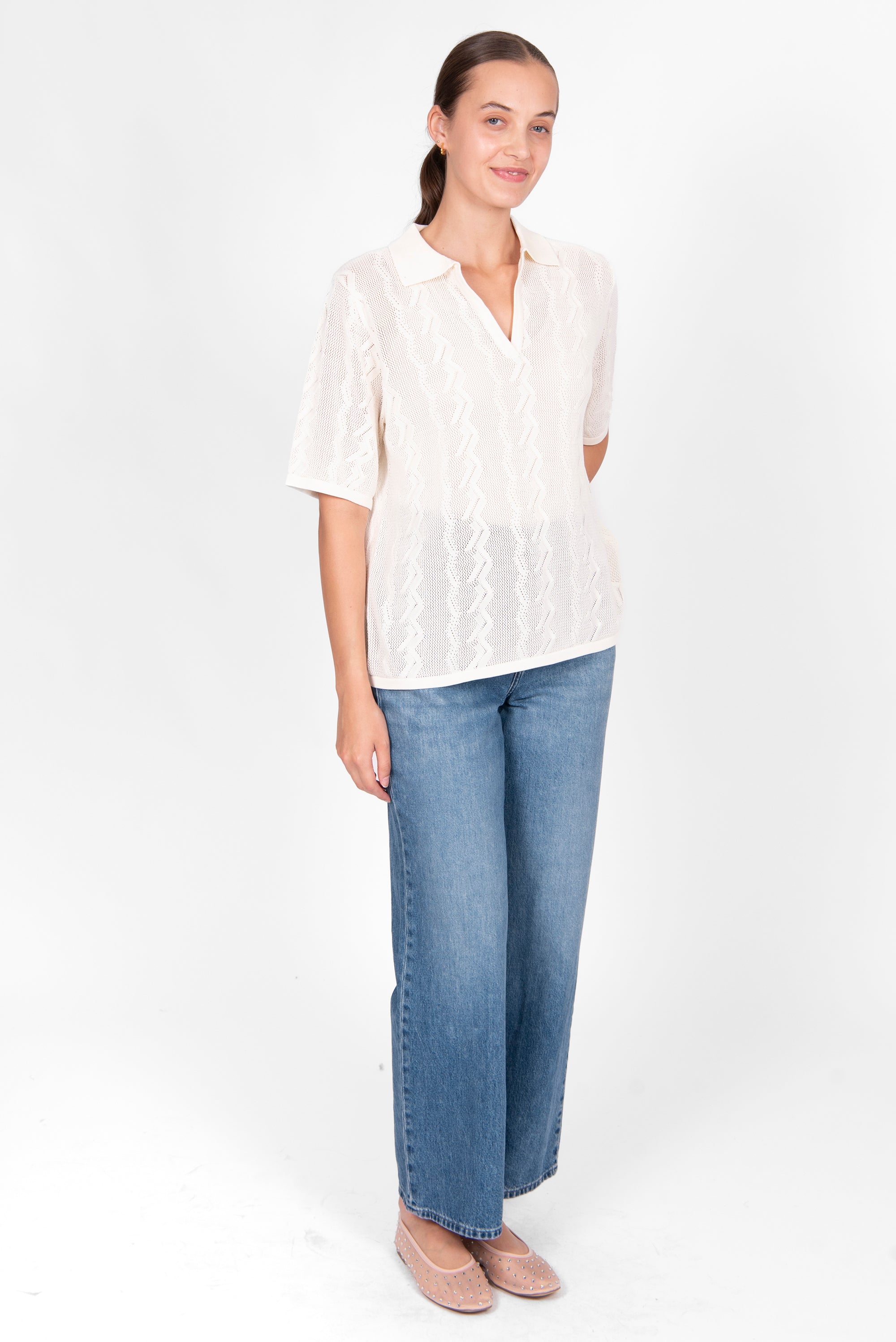 BRIDGE & LORD ZIG ZAG POINTELLE POLO CREAM