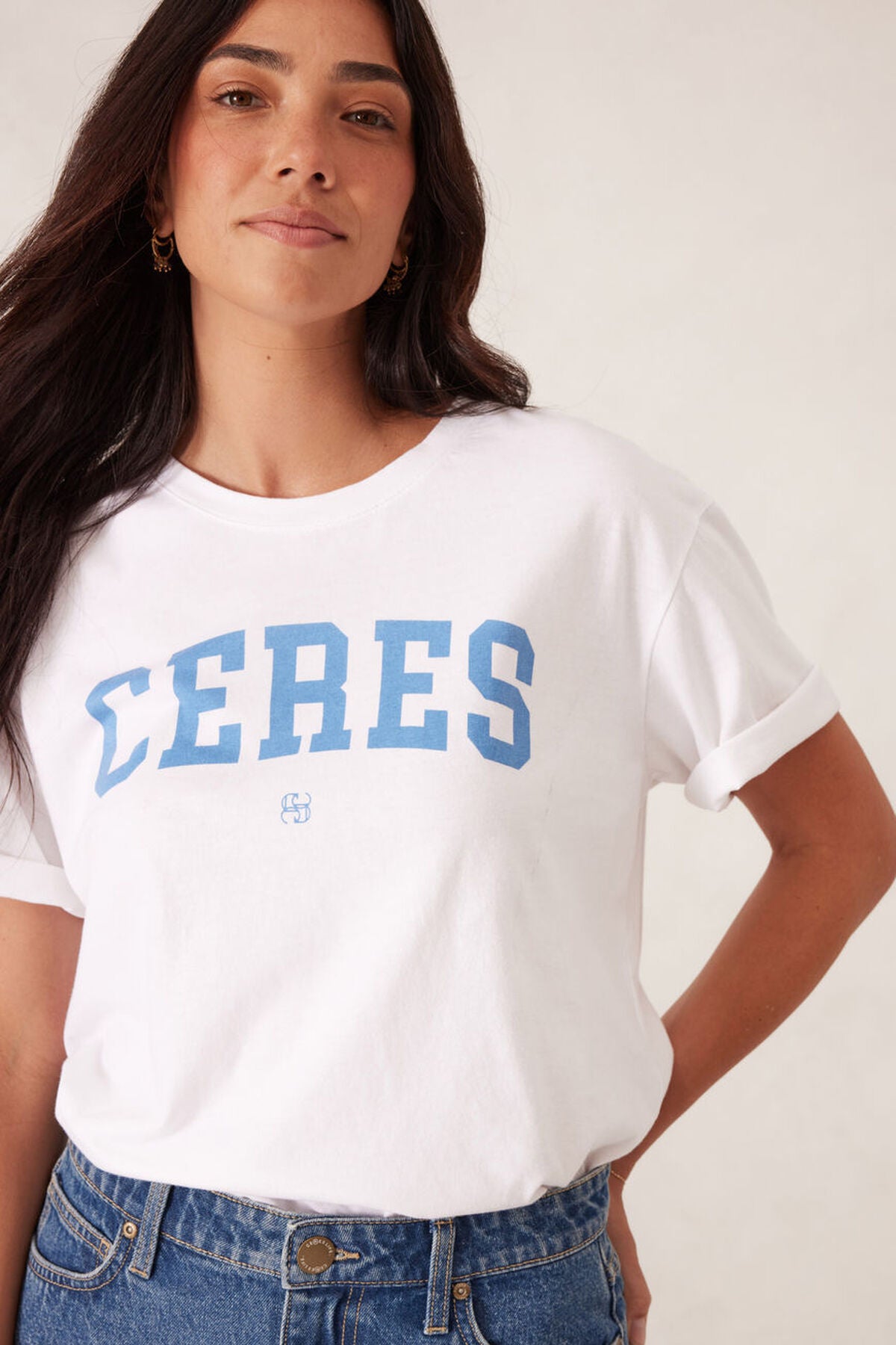 CERES LIFE 100% COTTON SLOUCHY SPLIT HEM VARSITY TEE WHITE