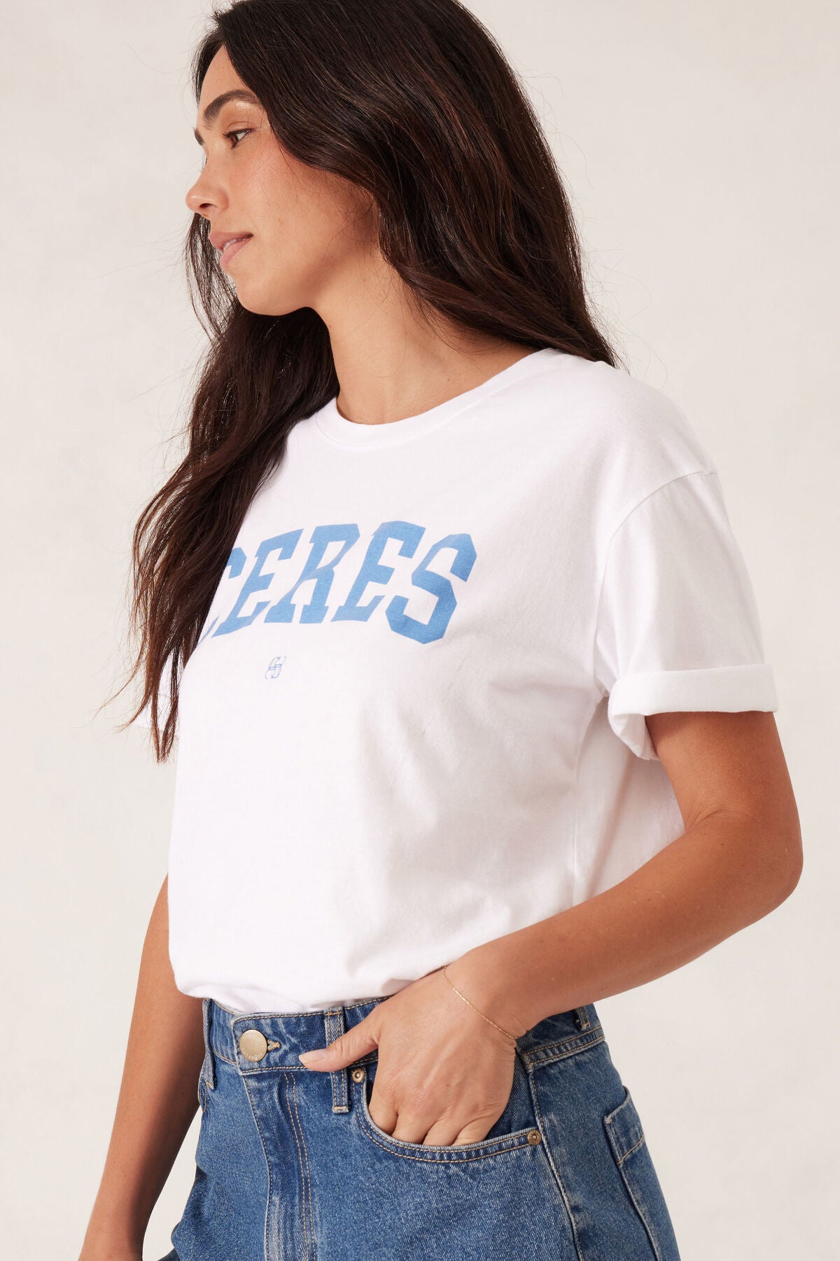 CERES LIFE 100% COTTON SLOUCHY SPLIT HEM VARSITY TEE WHITE