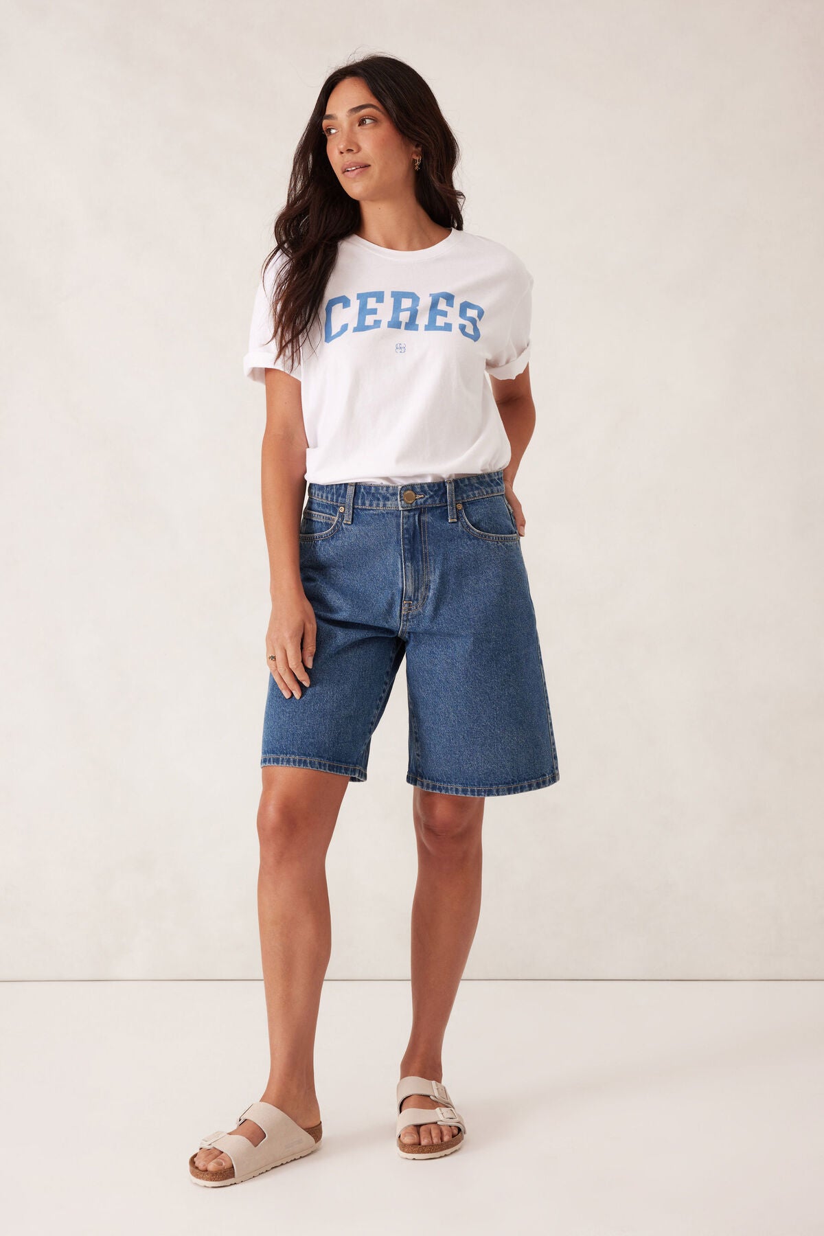 CERES LIFE 100% COTTON SLOUCHY SPLIT HEM VARSITY TEE WHITE