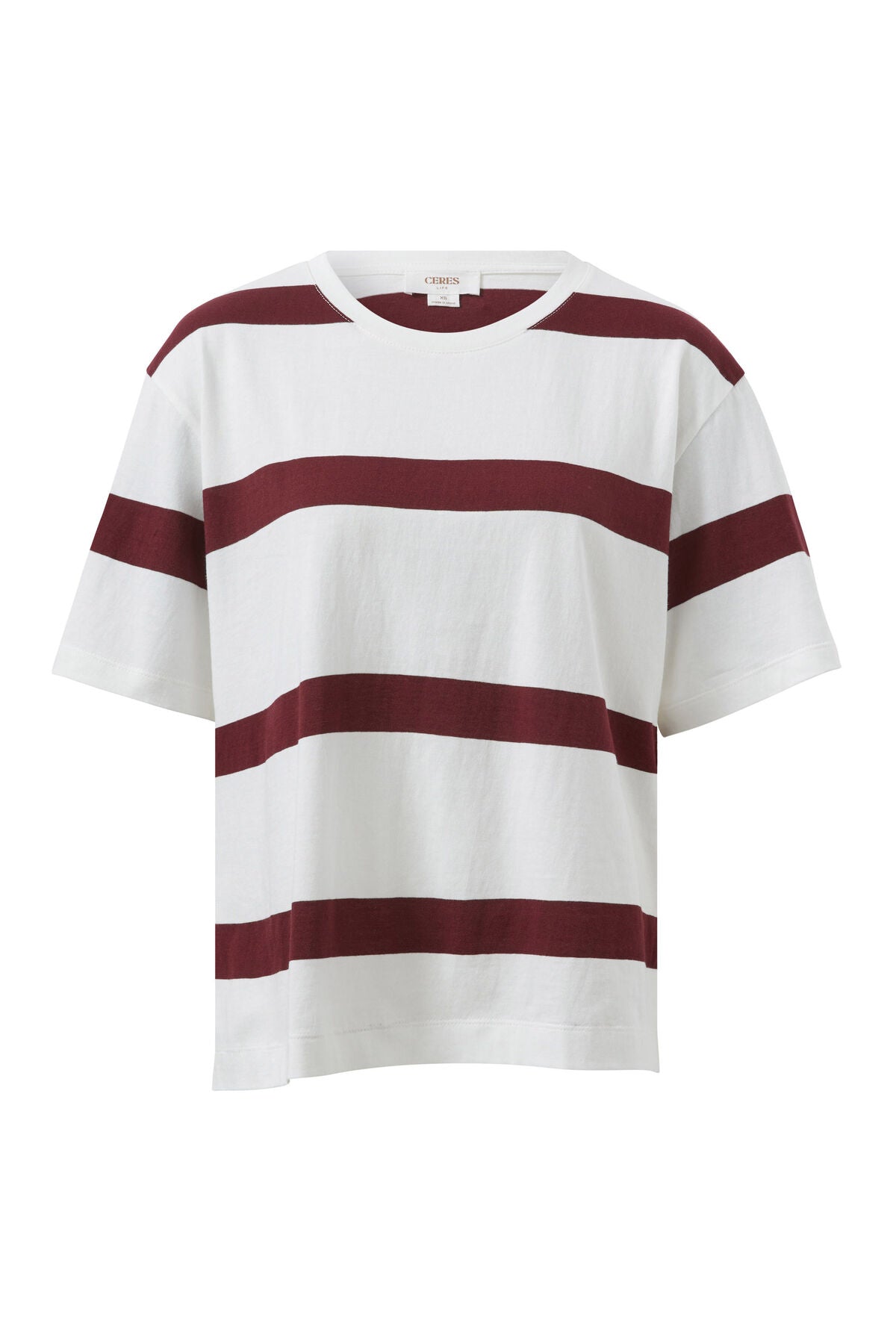CERES LIFE STEVIE SLOUCHY TEE VANILLA BURGUNDY STRIPE