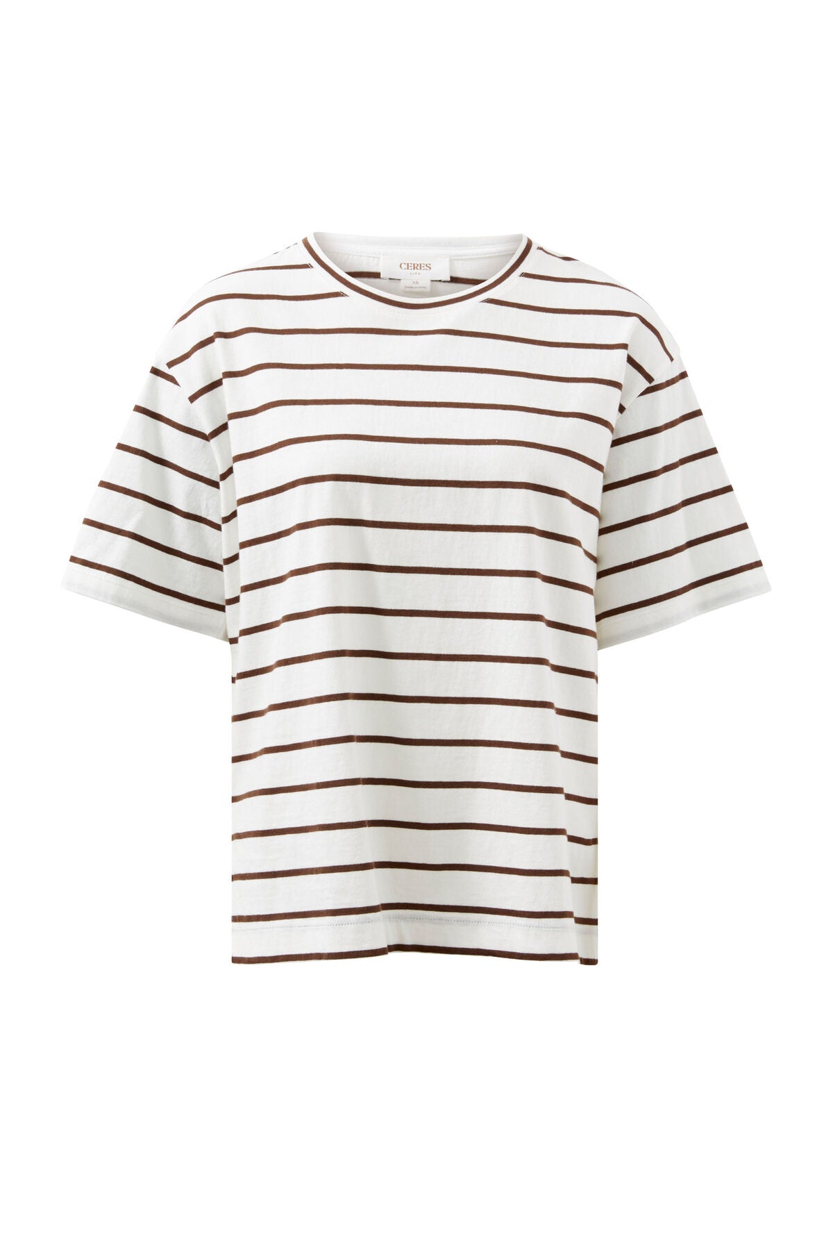 CERES LIFE STEVIE SLOUCHY TEE VANILLA CHOC FINE STRIPE