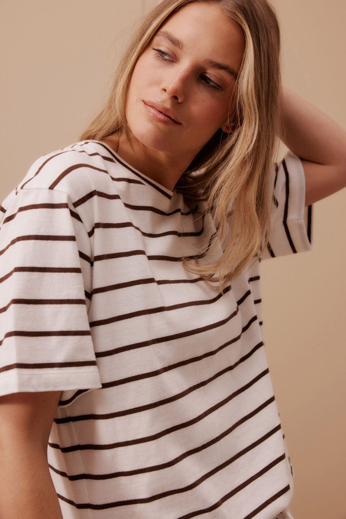 CERES LIFE STEVIE SLOUCHY TEE VANILLA CHOC FINE STRIPE