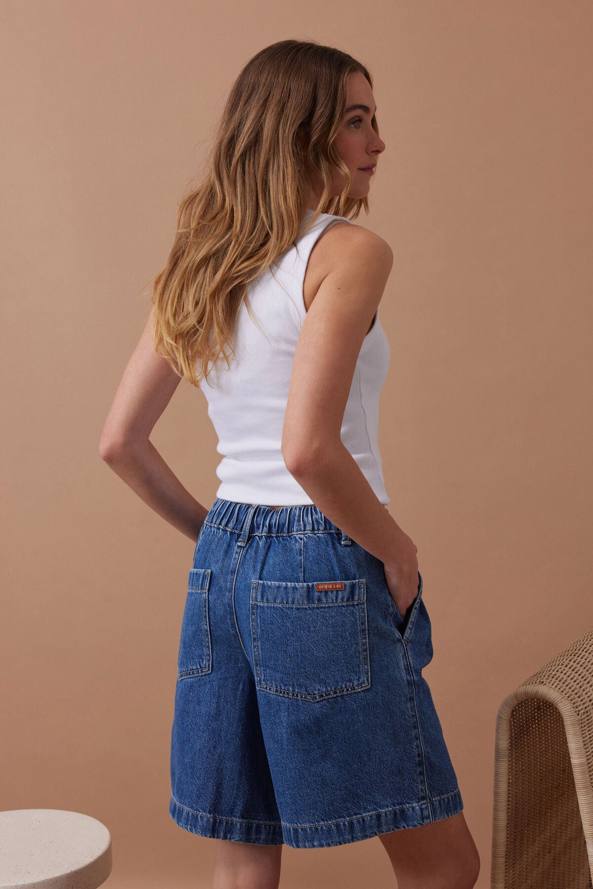 CERES LIFE SYLVIE LONGLINE PLEAT DENIM SHORT FRESH INDIGO