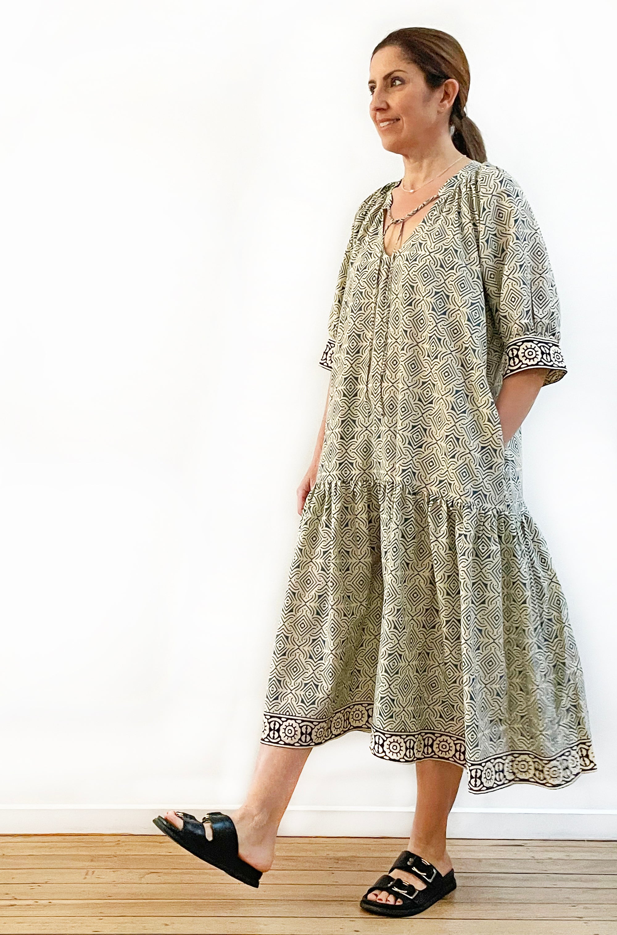 COTTON BLOCK PRINT DRESS TEAL