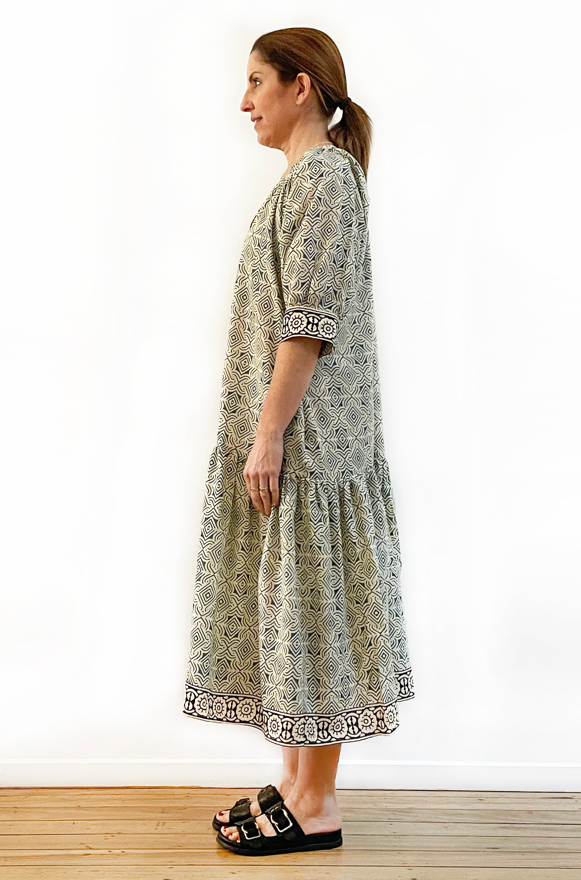 COTTON BLOCK PRINT DRESS TEAL