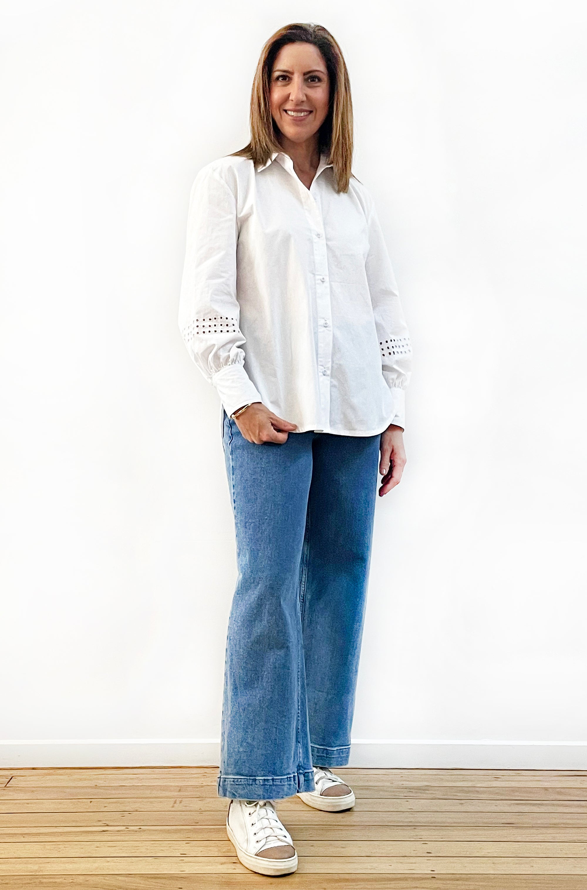 COTTON SLIM CUT CLASSIC CUTWORK SHIRT WHITE