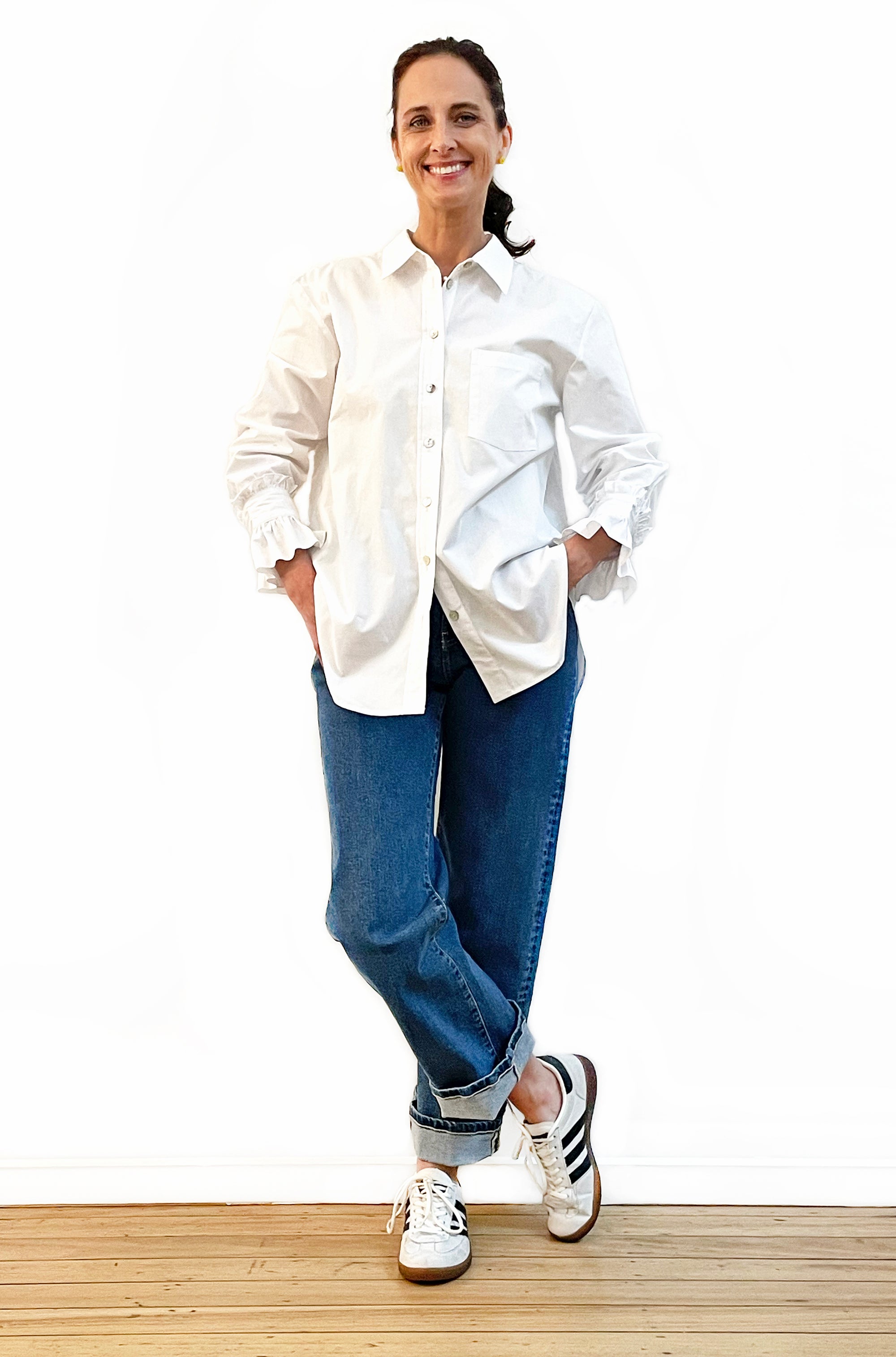 COTTON SLIM CUT CLASSIC FRILL CUFF SHIRT WHITE