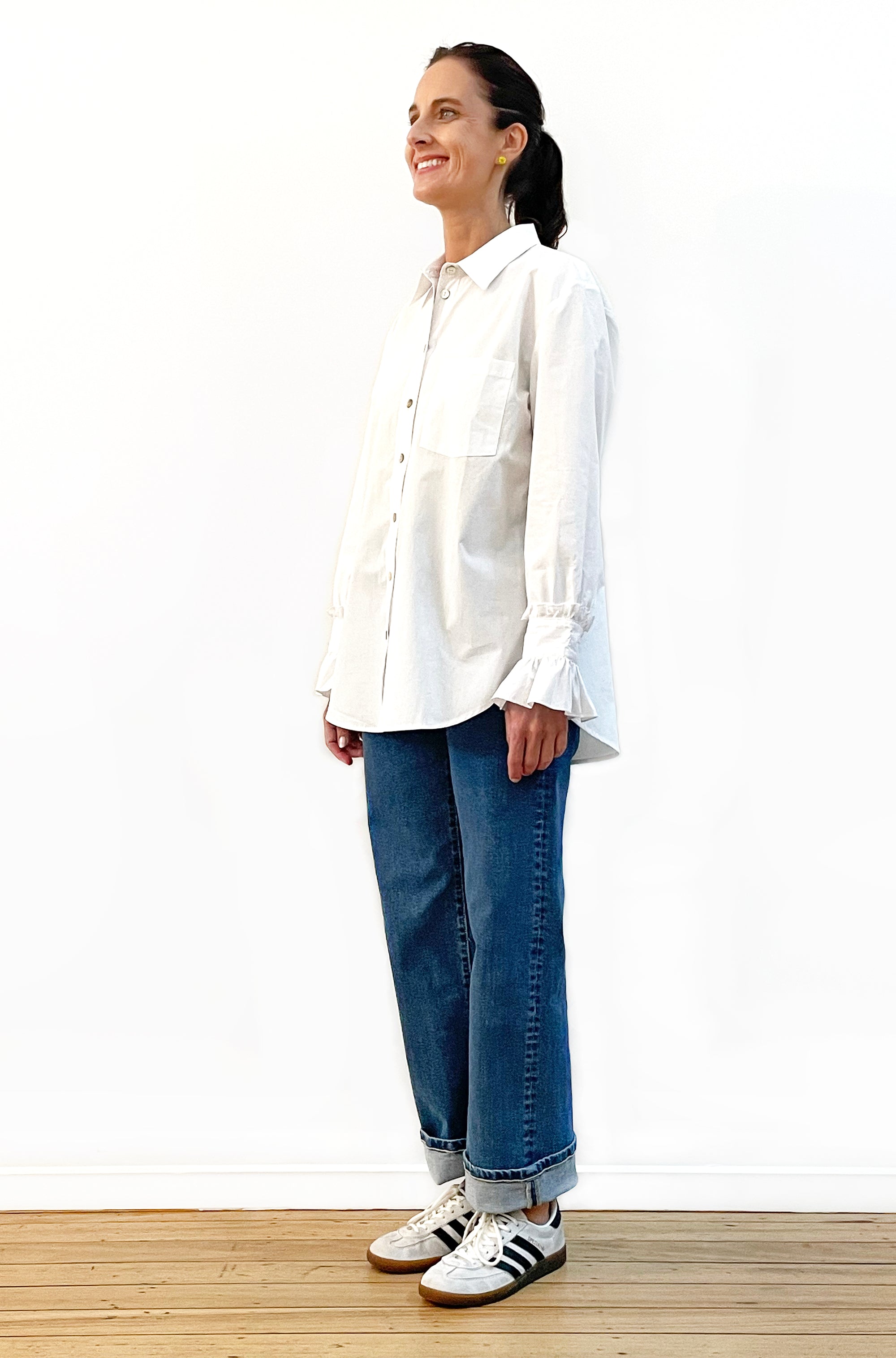 COTTON SLIM CUT CLASSIC FRILL CUFF SHIRT WHITE