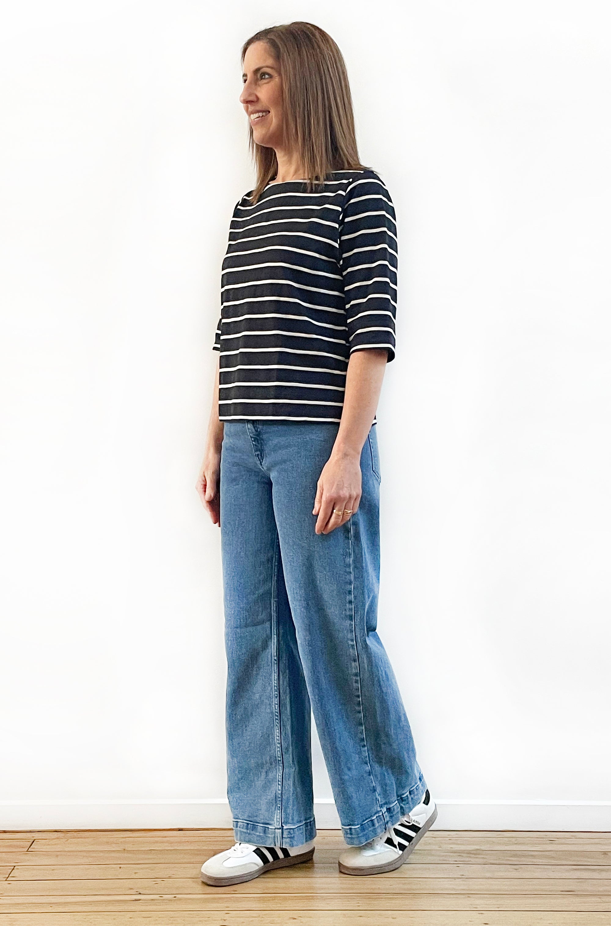 100% COTTON 3/4 SLEEVE FITTED TEE BLACK STRIPE