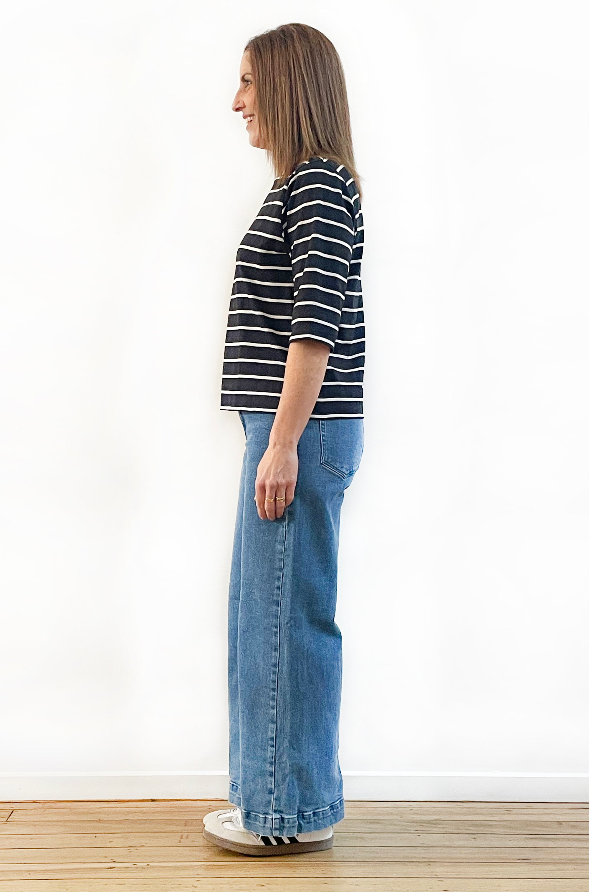 100% COTTON 3/4 SLEEVE FITTED TEE BLACK STRIPE