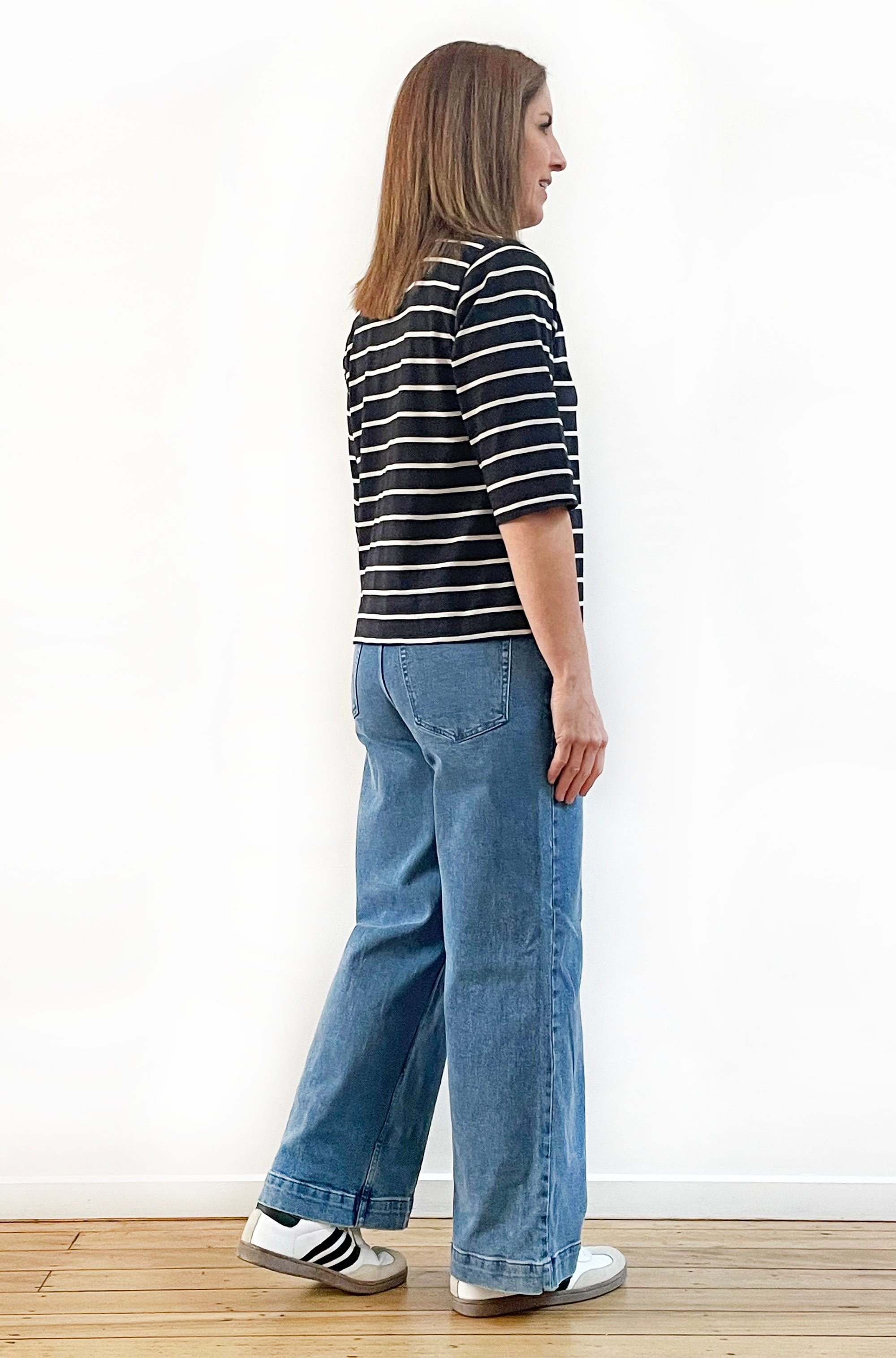 100% COTTON 3/4 SLEEVE FITTED TEE BLACK STRIPE