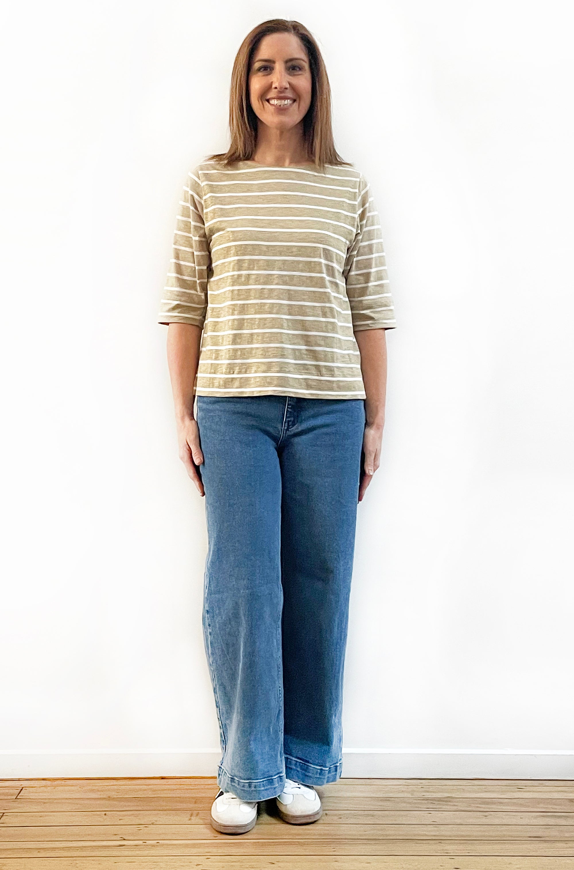 100% COTTON 3/4 SLEEVE FITTED TEE STONE STRIPE