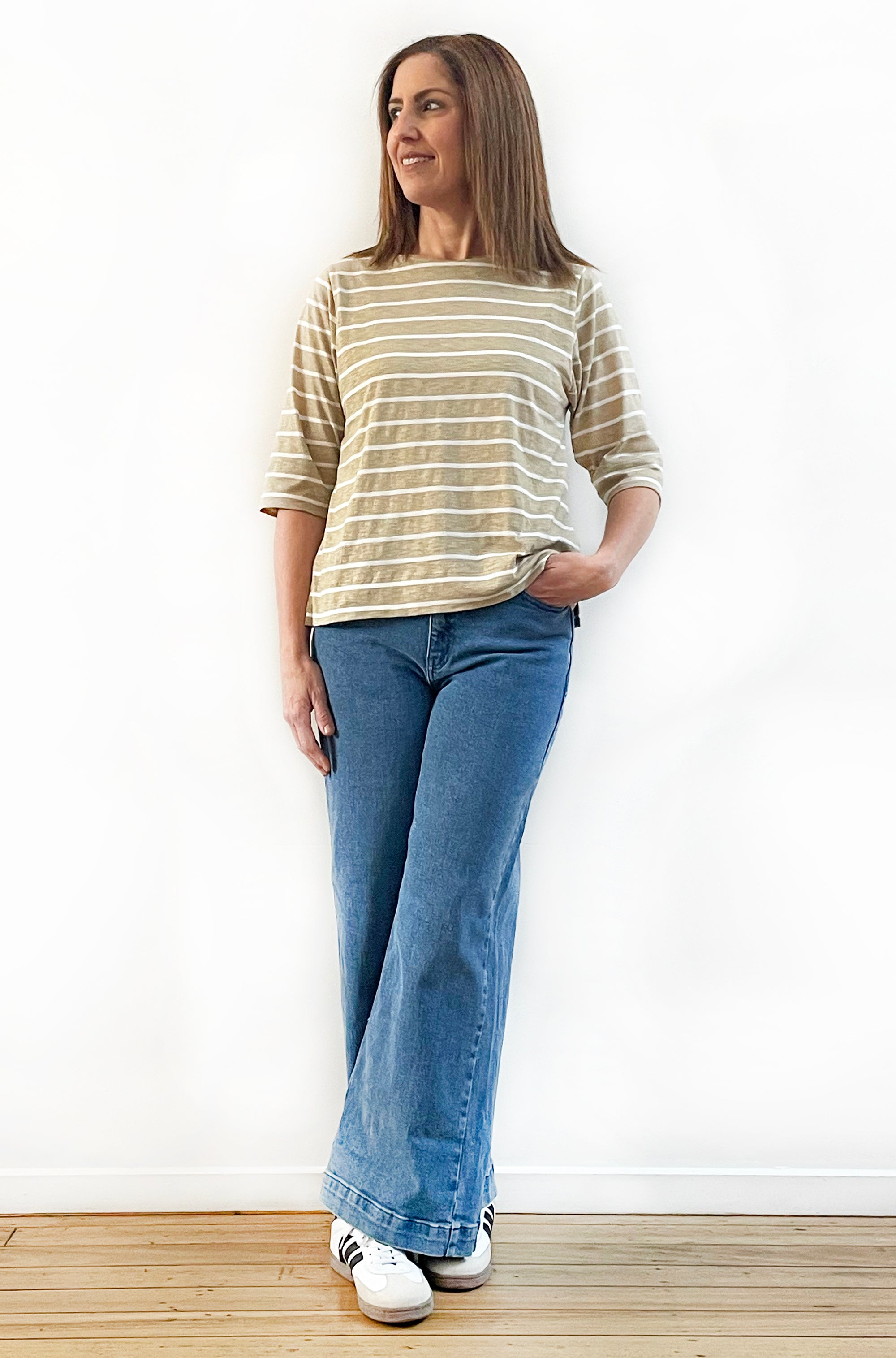 100% COTTON 3/4 SLEEVE FITTED TEE STONE STRIPE
