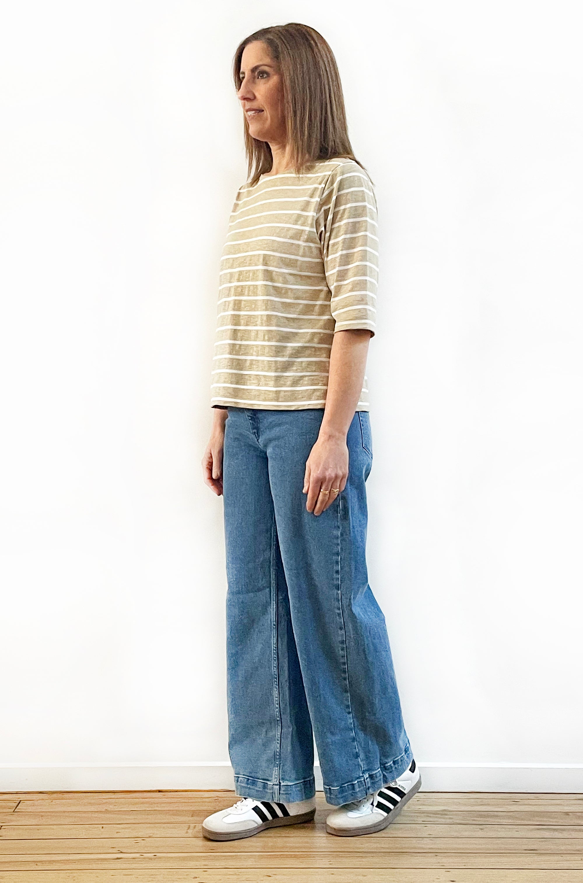 100% COTTON 3/4 SLEEVE FITTED TEE STONE STRIPE