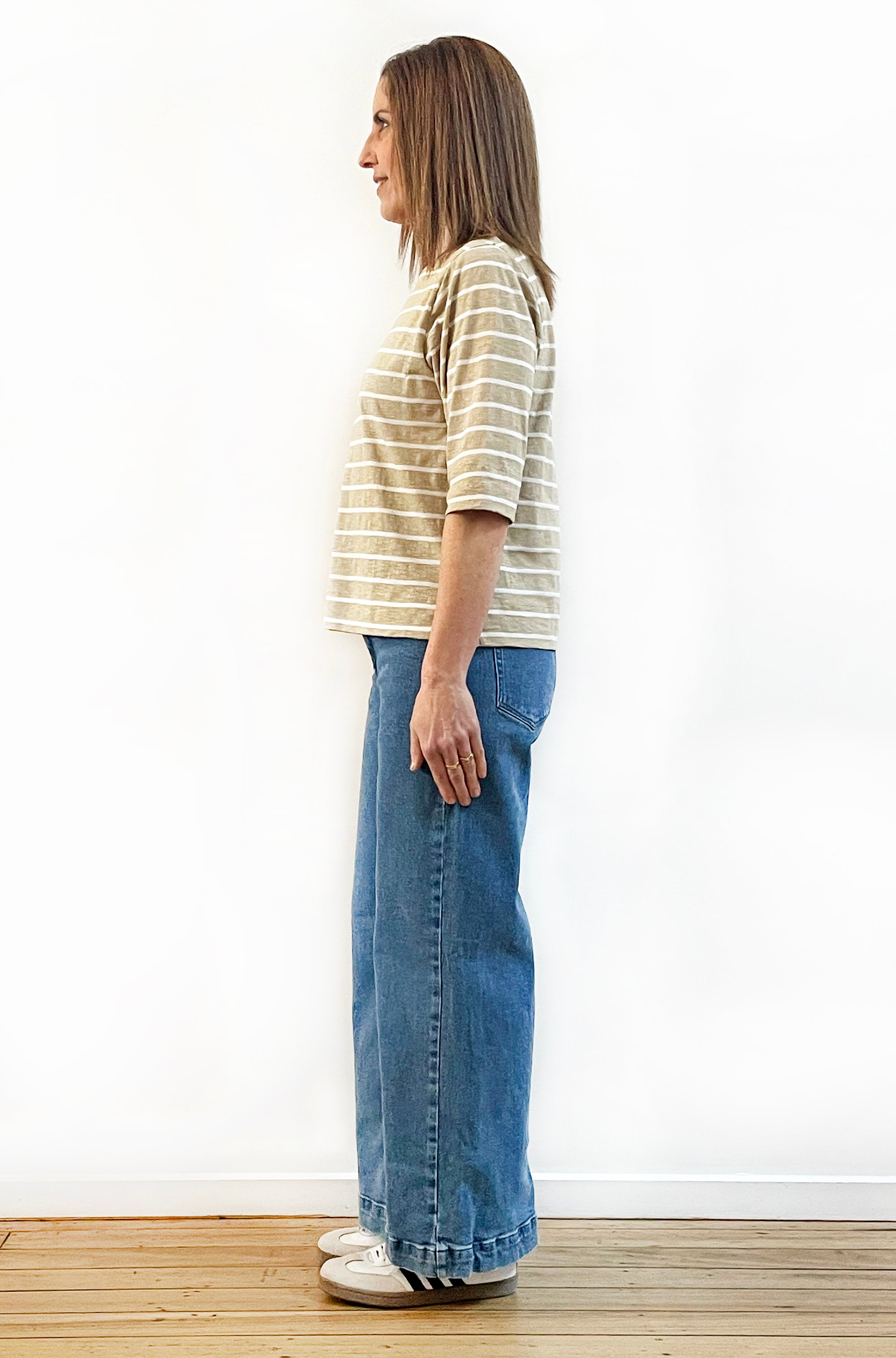 100% COTTON 3/4 SLEEVE FITTED TEE STONE STRIPE