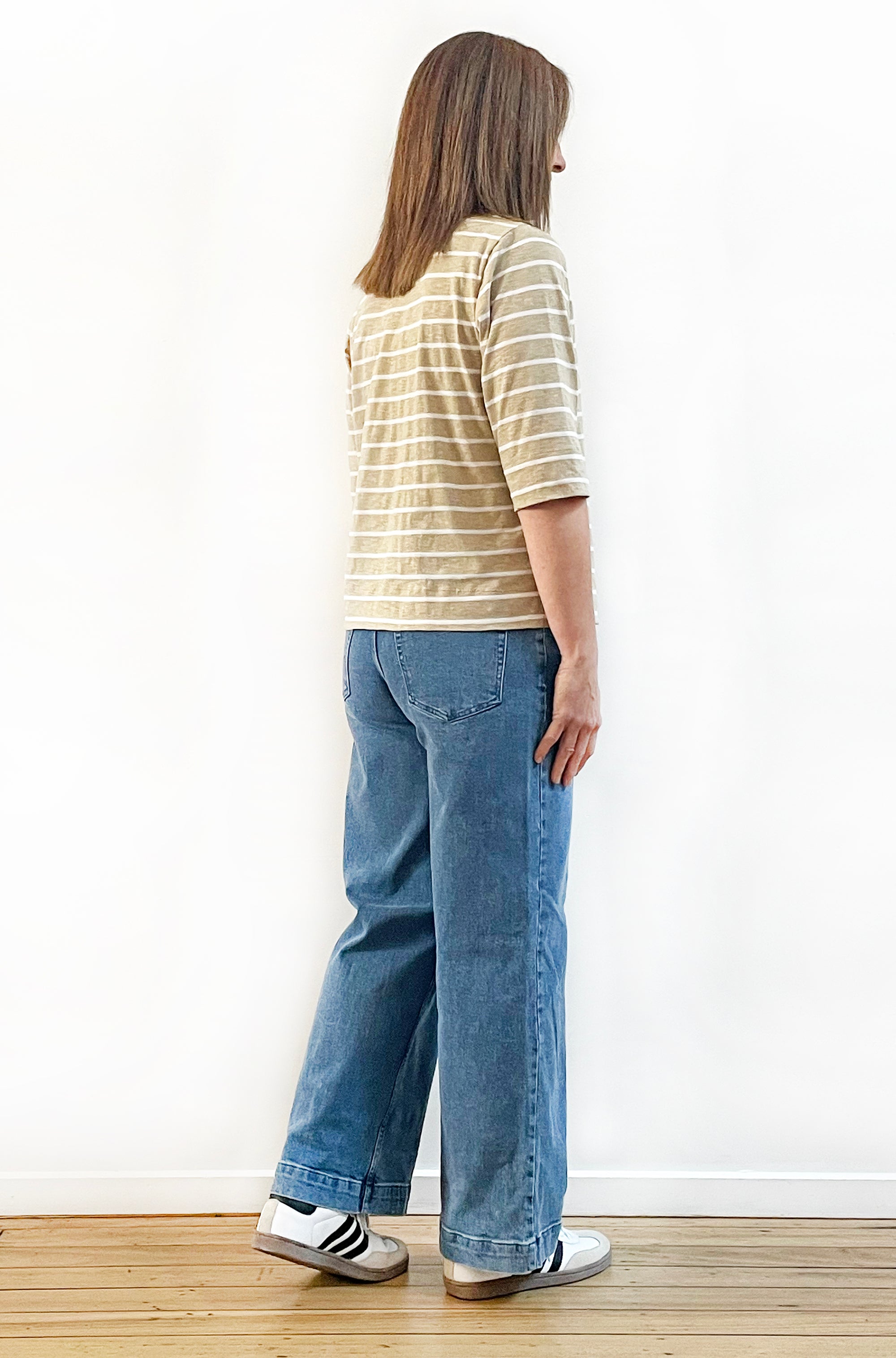100% COTTON 3/4 SLEEVE FITTED TEE STONE STRIPE