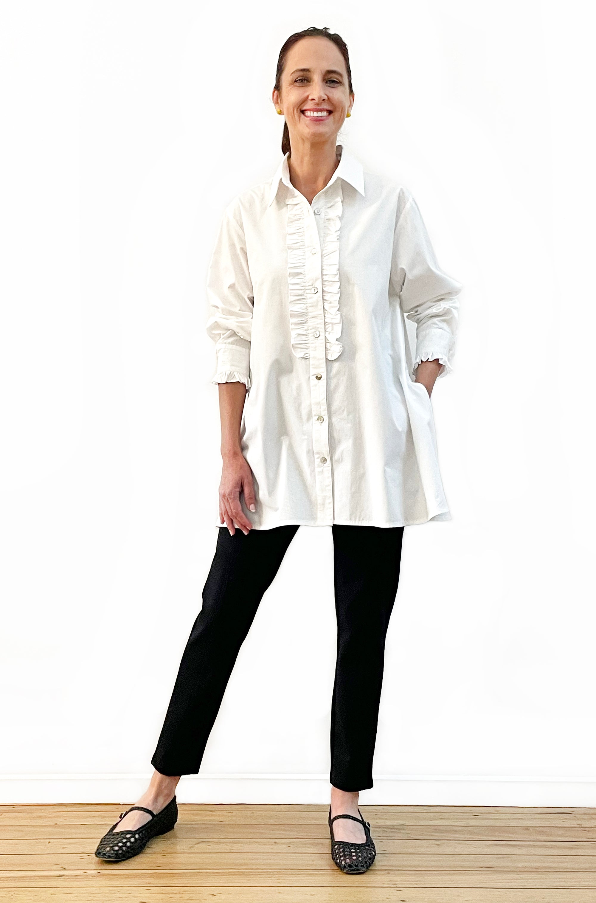 COTTON FRILL DETAIL SWING SHIRT WHITE
