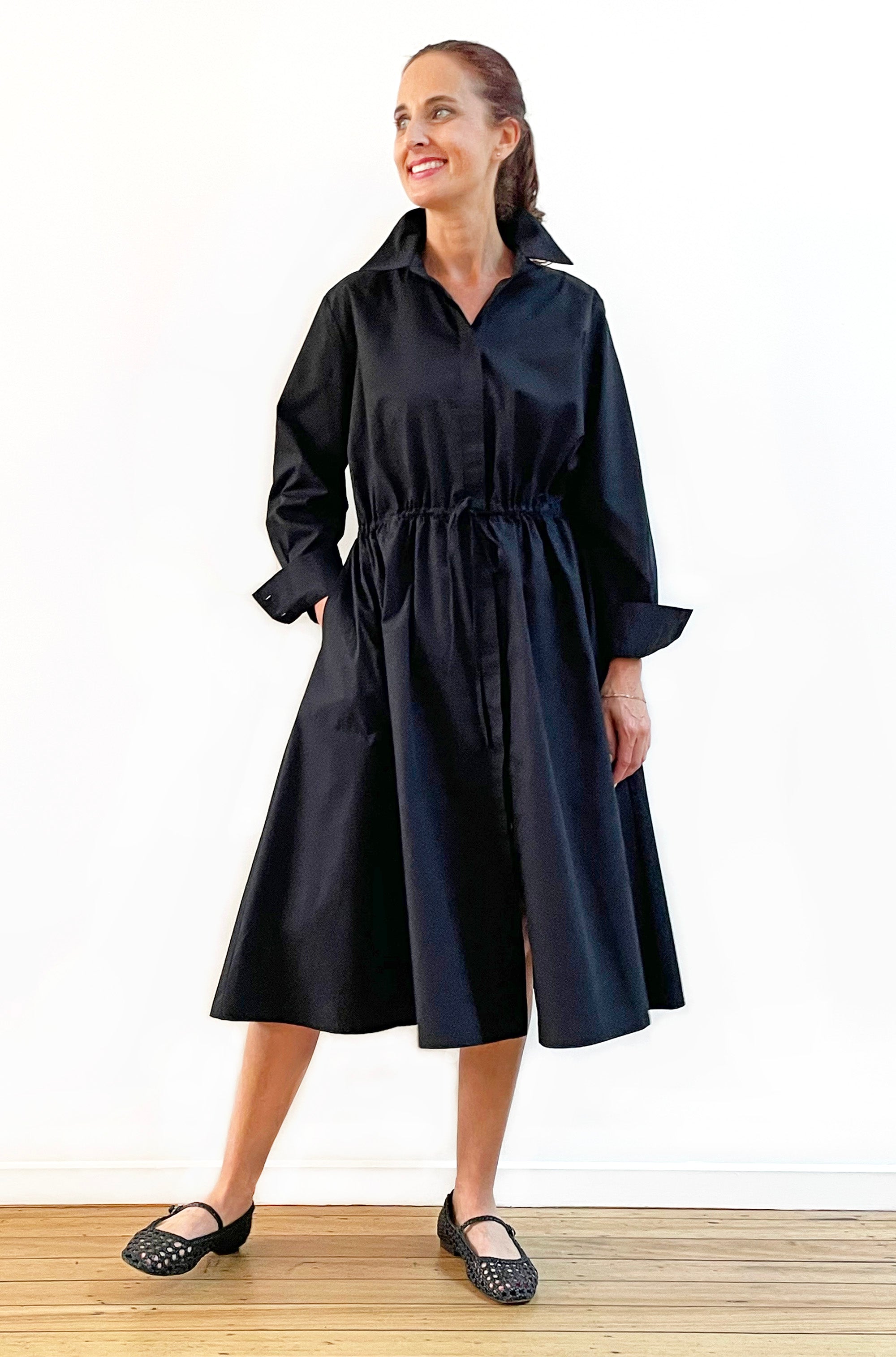 COTTON FULL SKIRT SHIRT DRESS BLACK