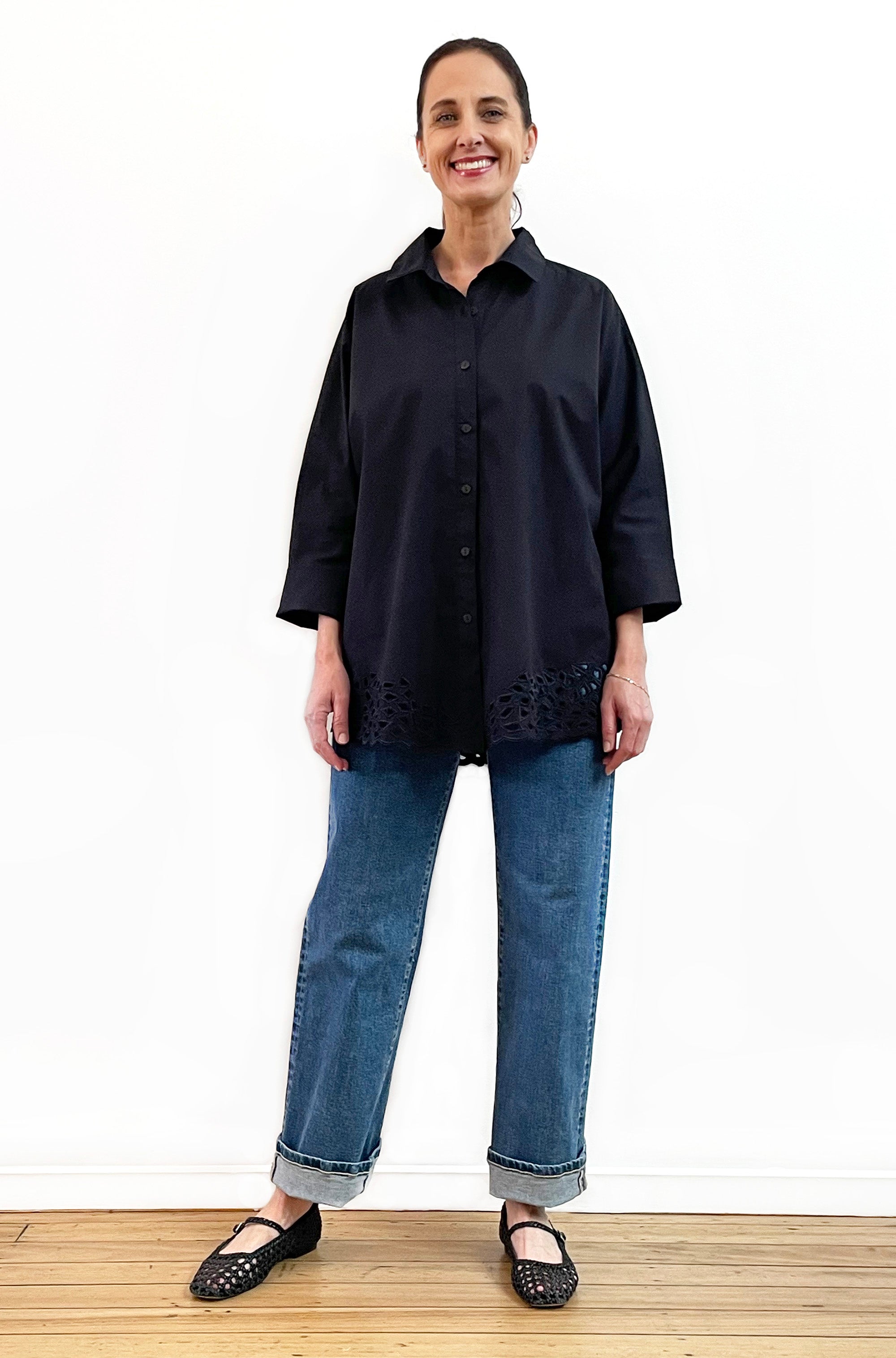 COTTON KIMONO SLEEVE CUTWORK SHIRT BLACK
