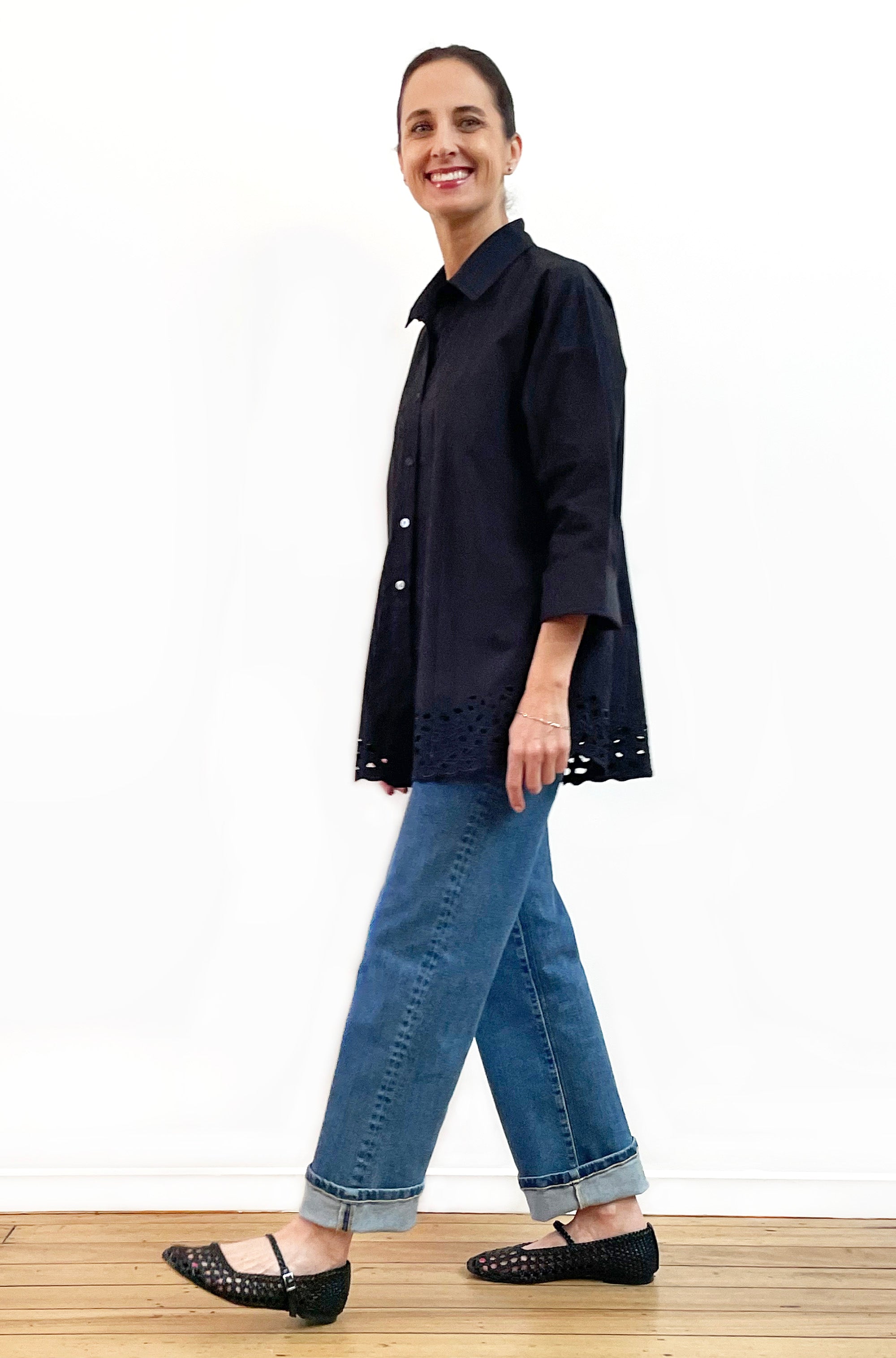COTTON KIMONO SLEEVE CUTWORK SHIRT BLACK
