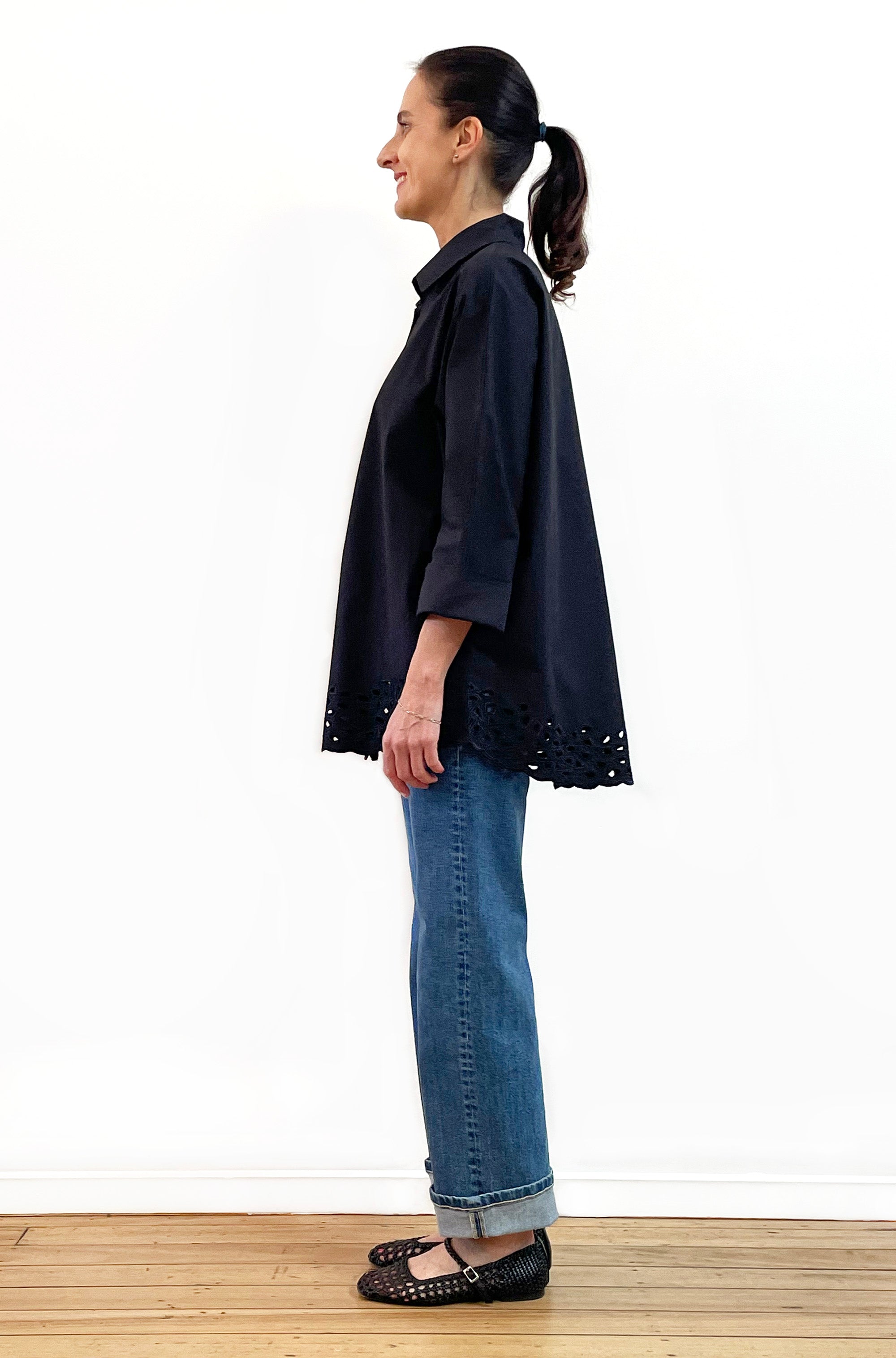COTTON KIMONO SLEEVE CUTWORK SHIRT BLACK