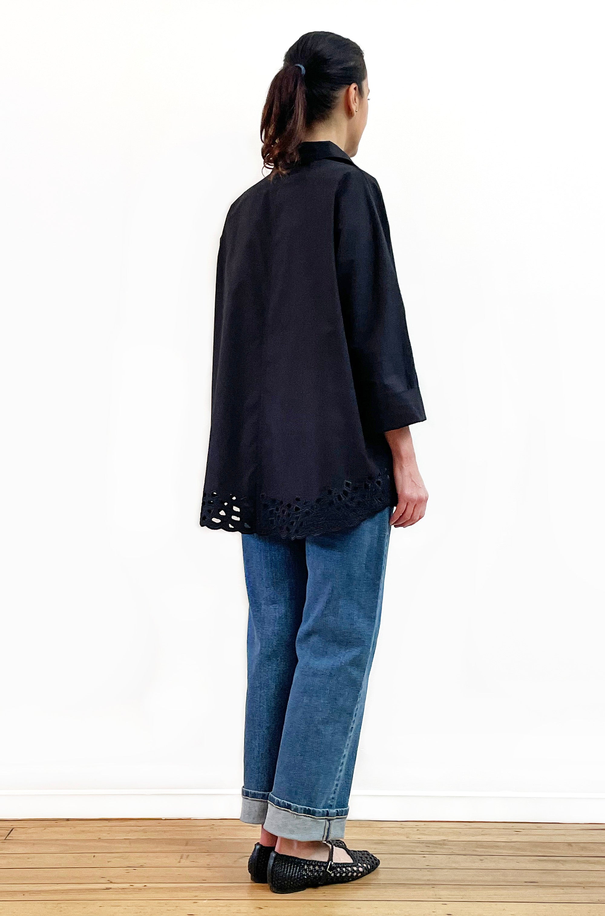 COTTON KIMONO SLEEVE CUTWORK SHIRT BLACK