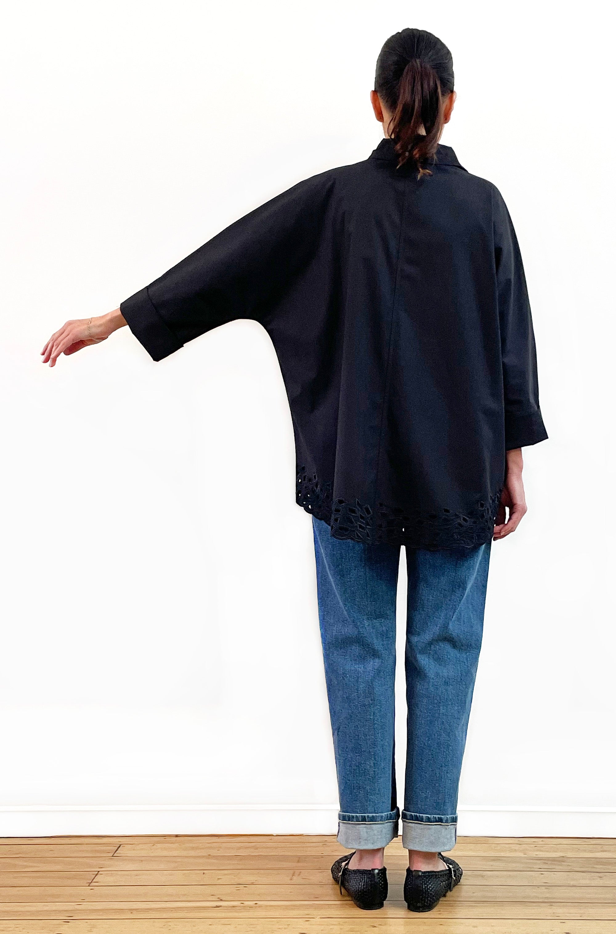 COTTON KIMONO SLEEVE CUTWORK SHIRT BLACK