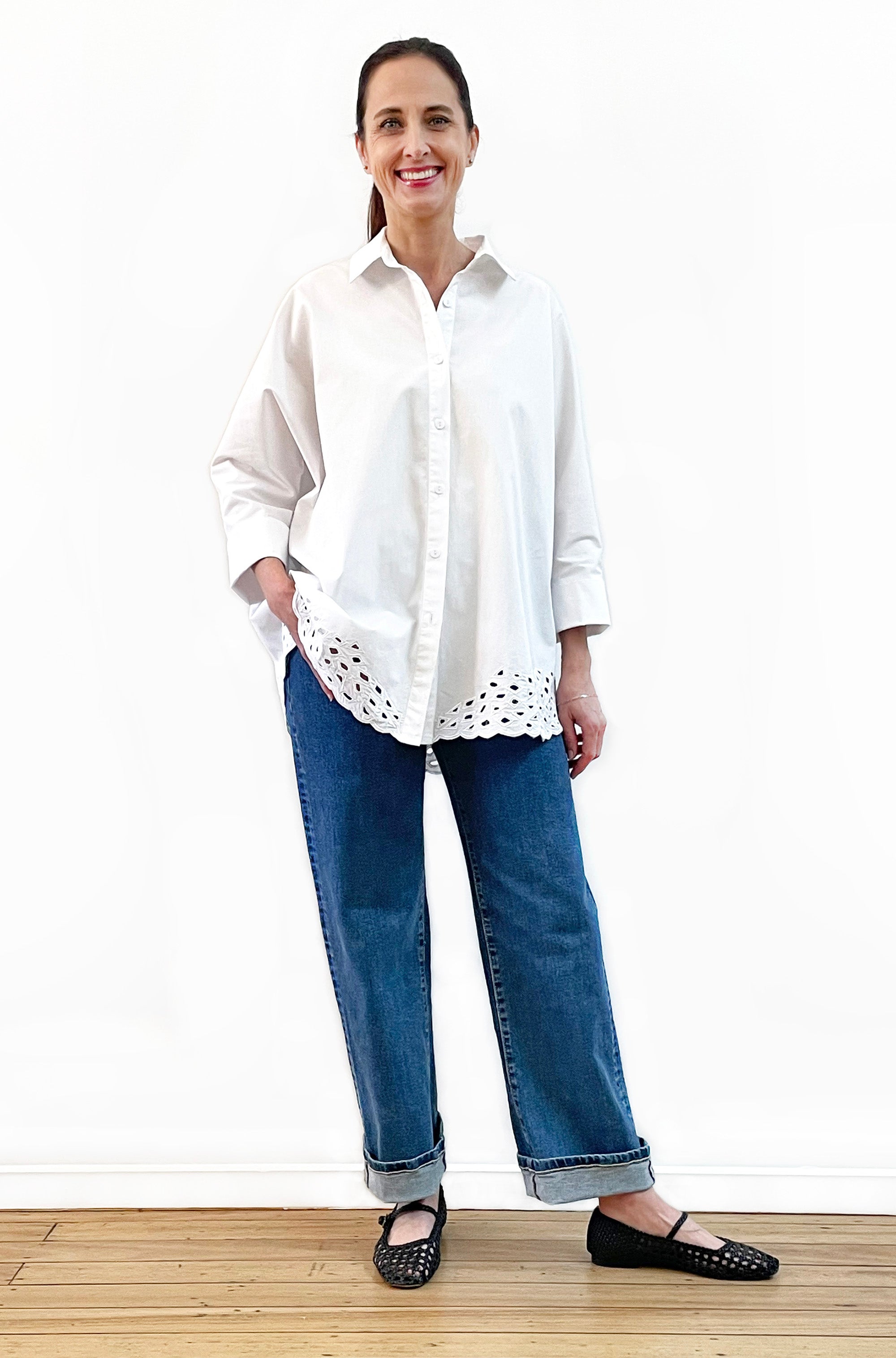 COTTON KIMONO SLEEVE CUTWORK SHIRT WHITE