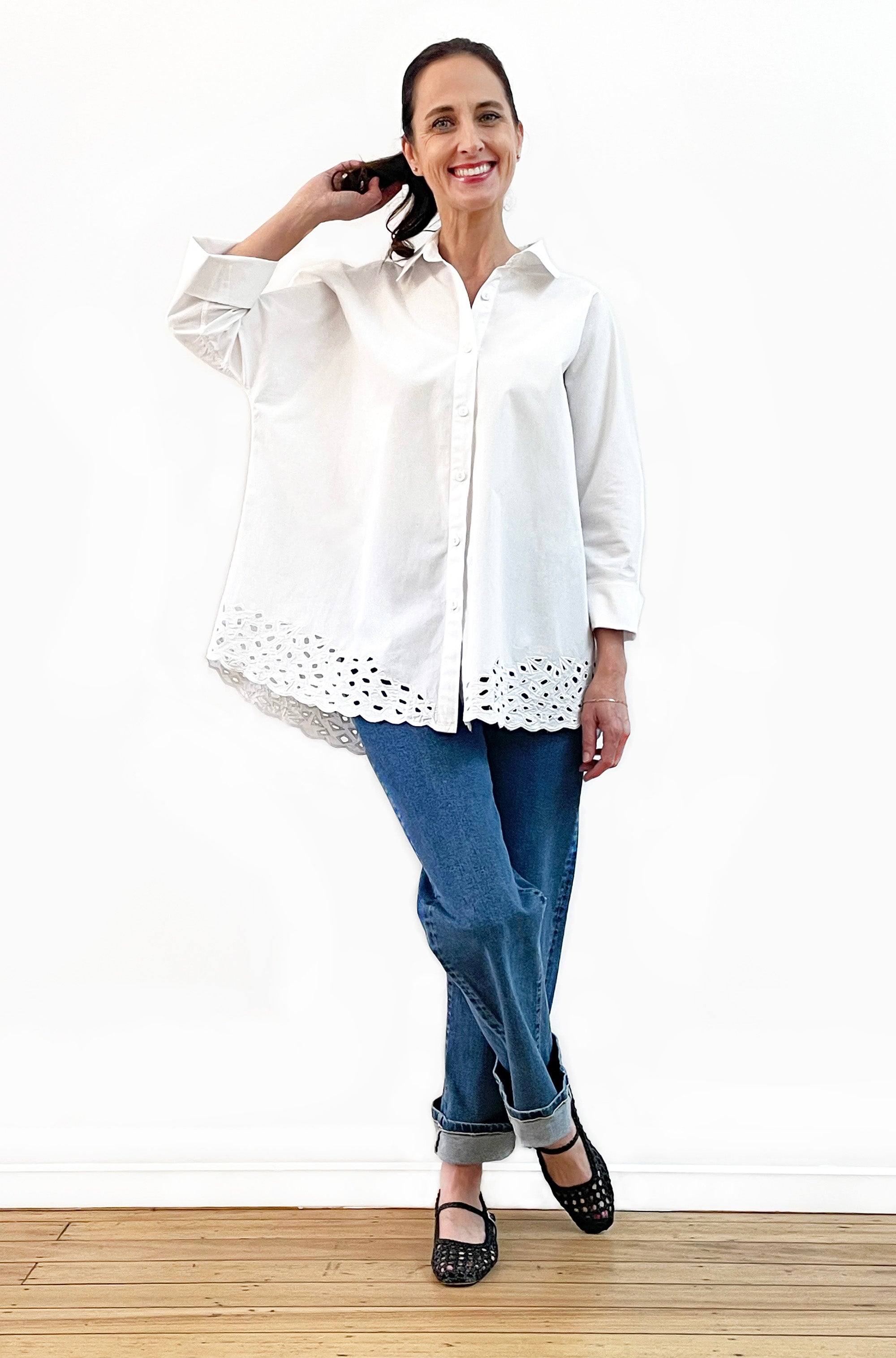 COTTON KIMONO SLEEVE CUTWORK SHIRT WHITE