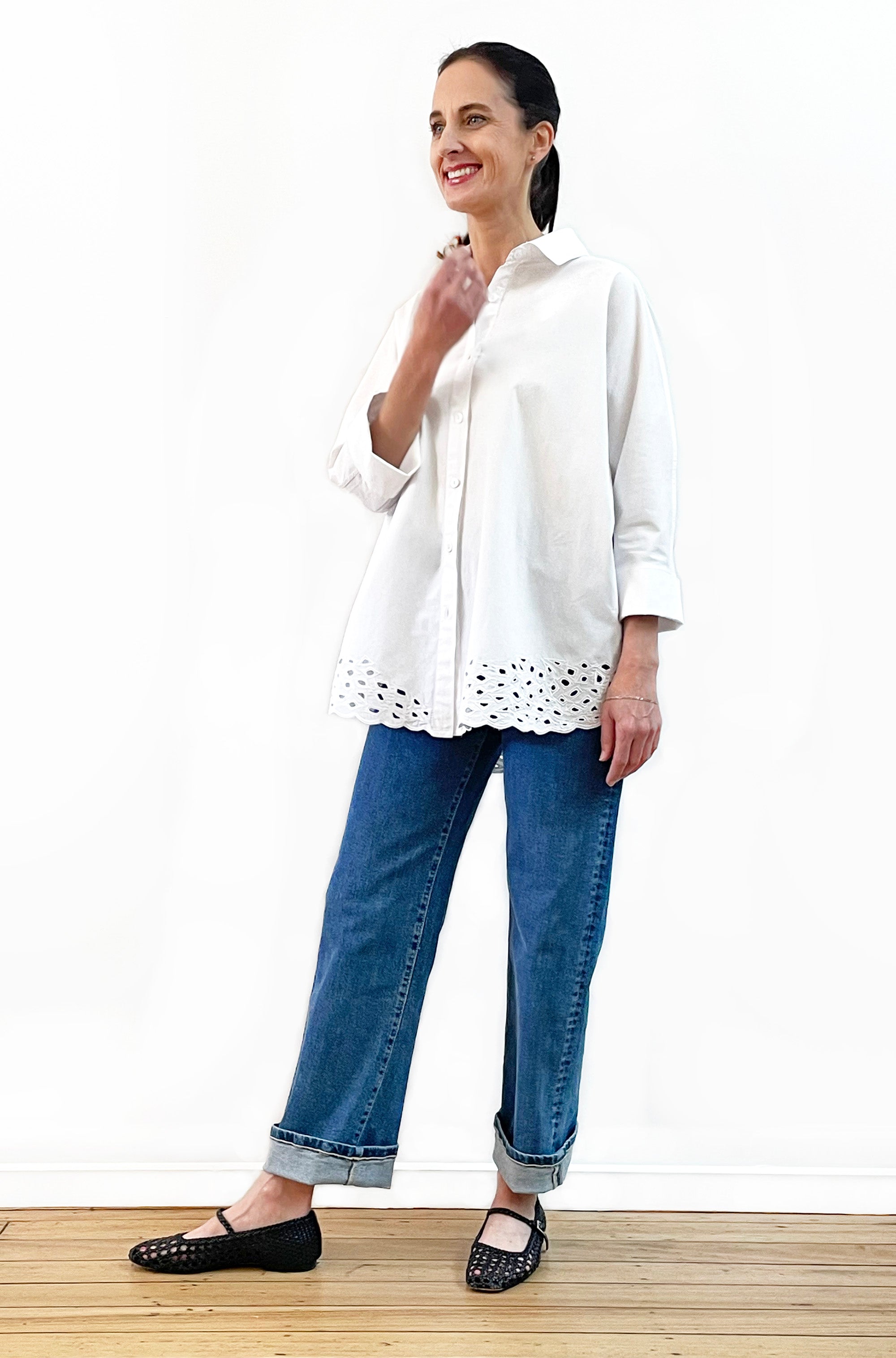 COTTON KIMONO SLEEVE CUTWORK SHIRT WHITE