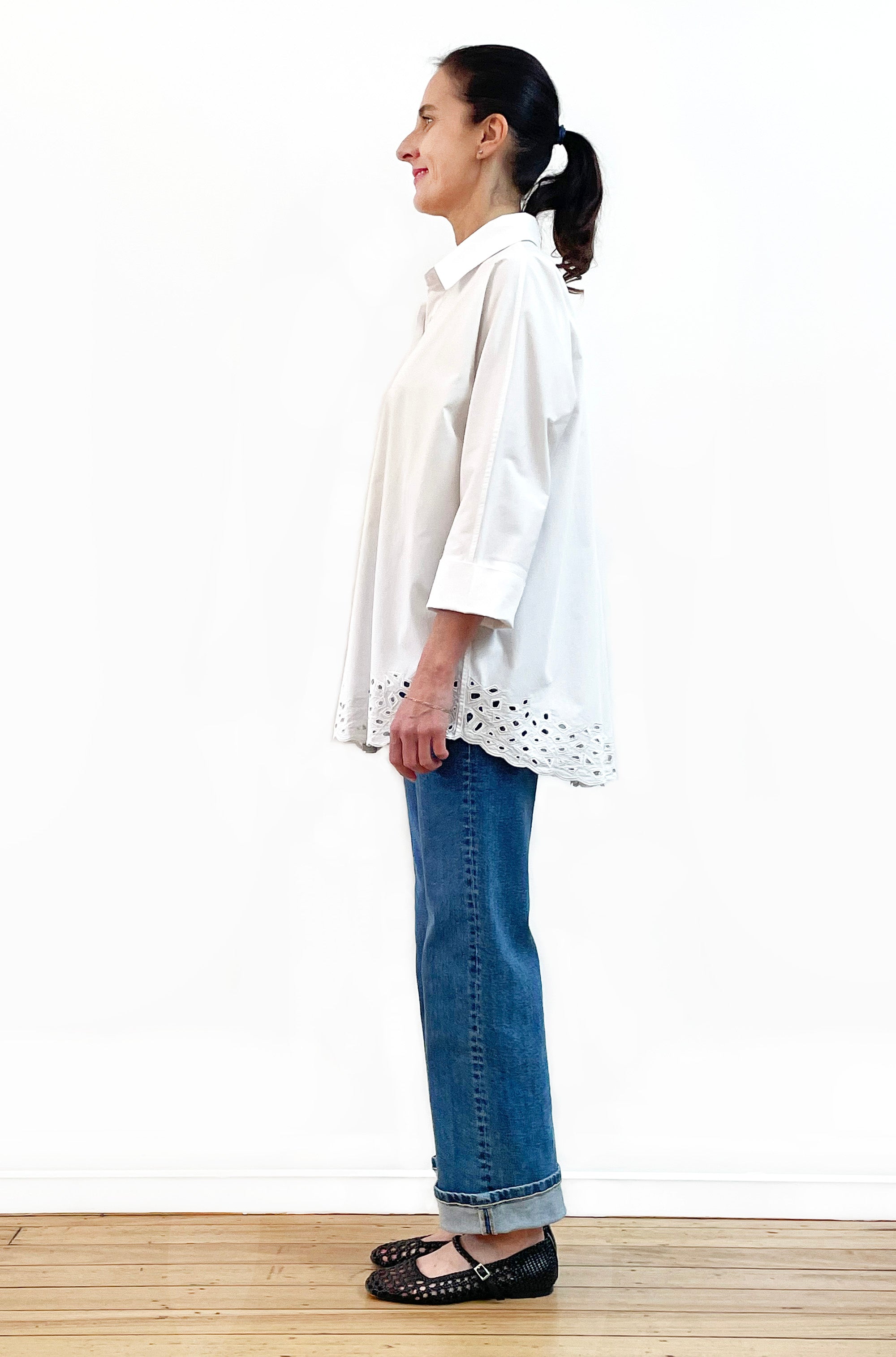 COTTON KIMONO SLEEVE CUTWORK SHIRT WHITE