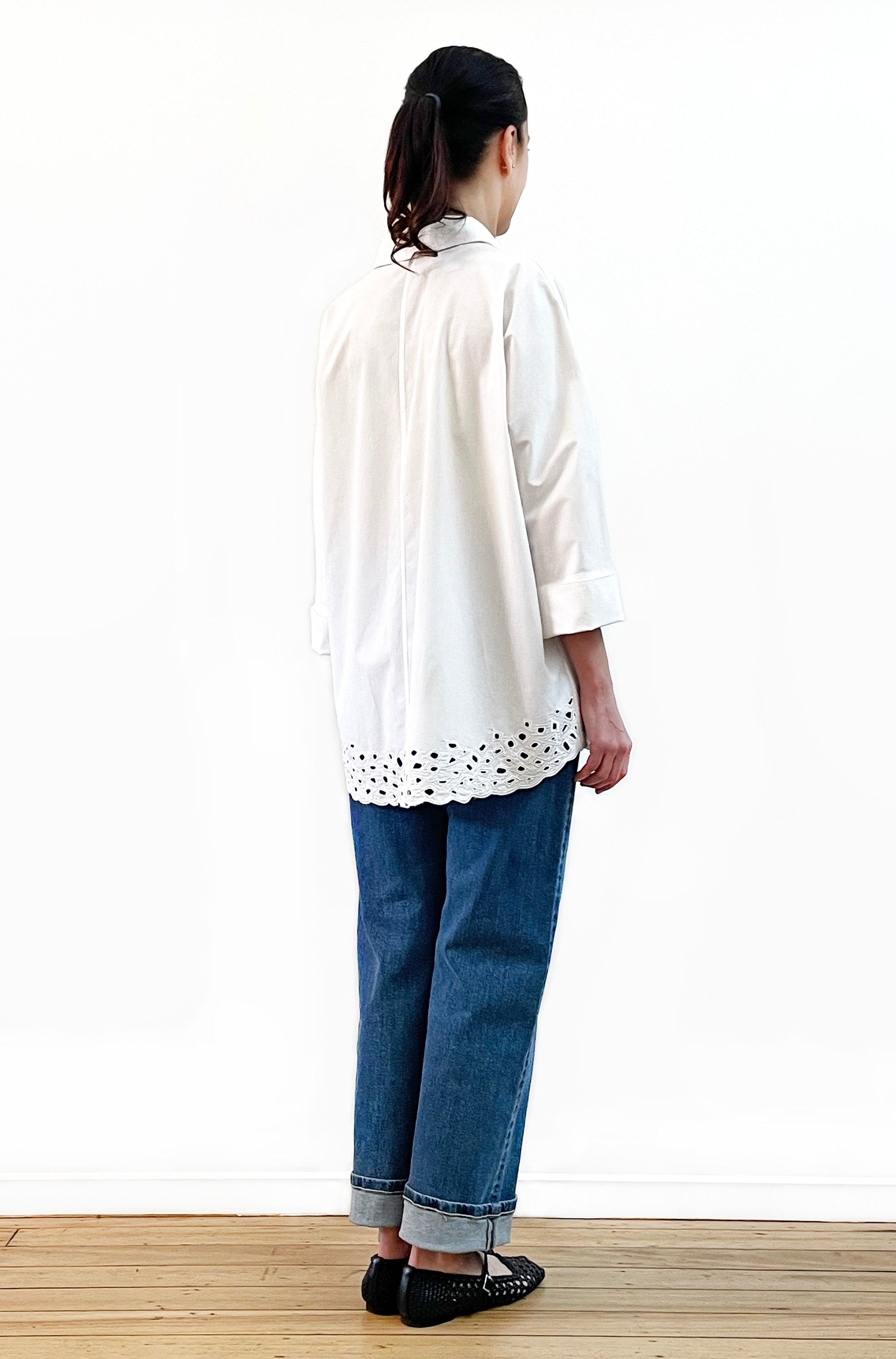 COTTON KIMONO SLEEVE CUTWORK SHIRT WHITE