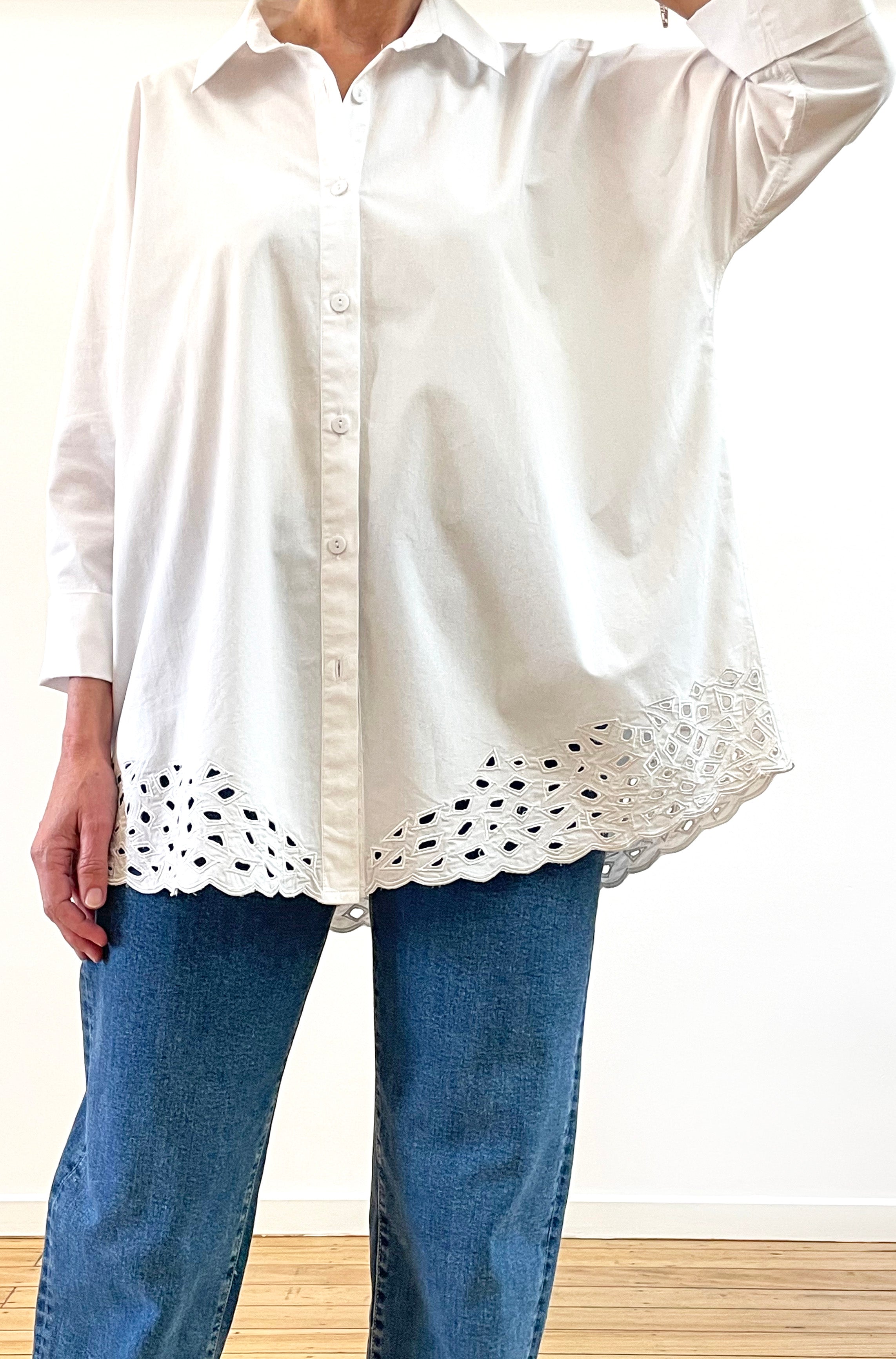 COTTON KIMONO SLEEVE CUTWORK SHIRT WHITE