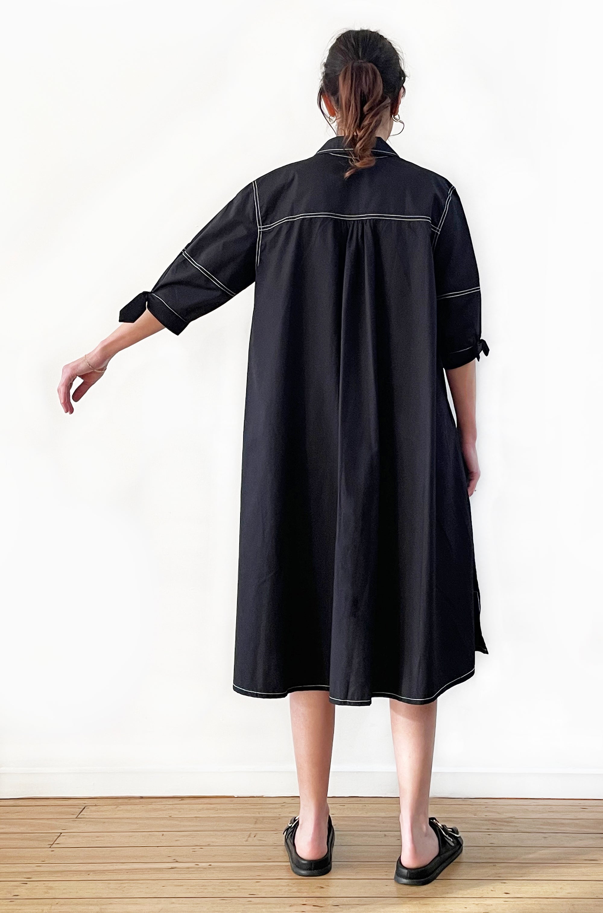 COTTON LANTERN SLEEVE SHIRT DRESS BLACK