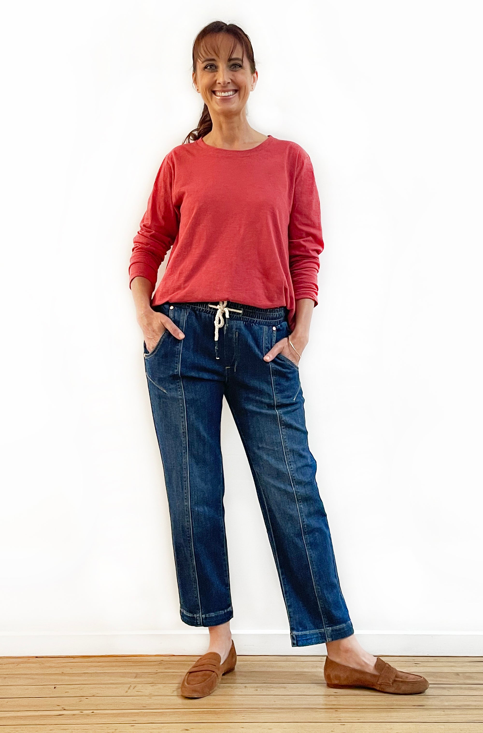 100% COTTON LONG SLEEVE HI LO TEE BRICK RED