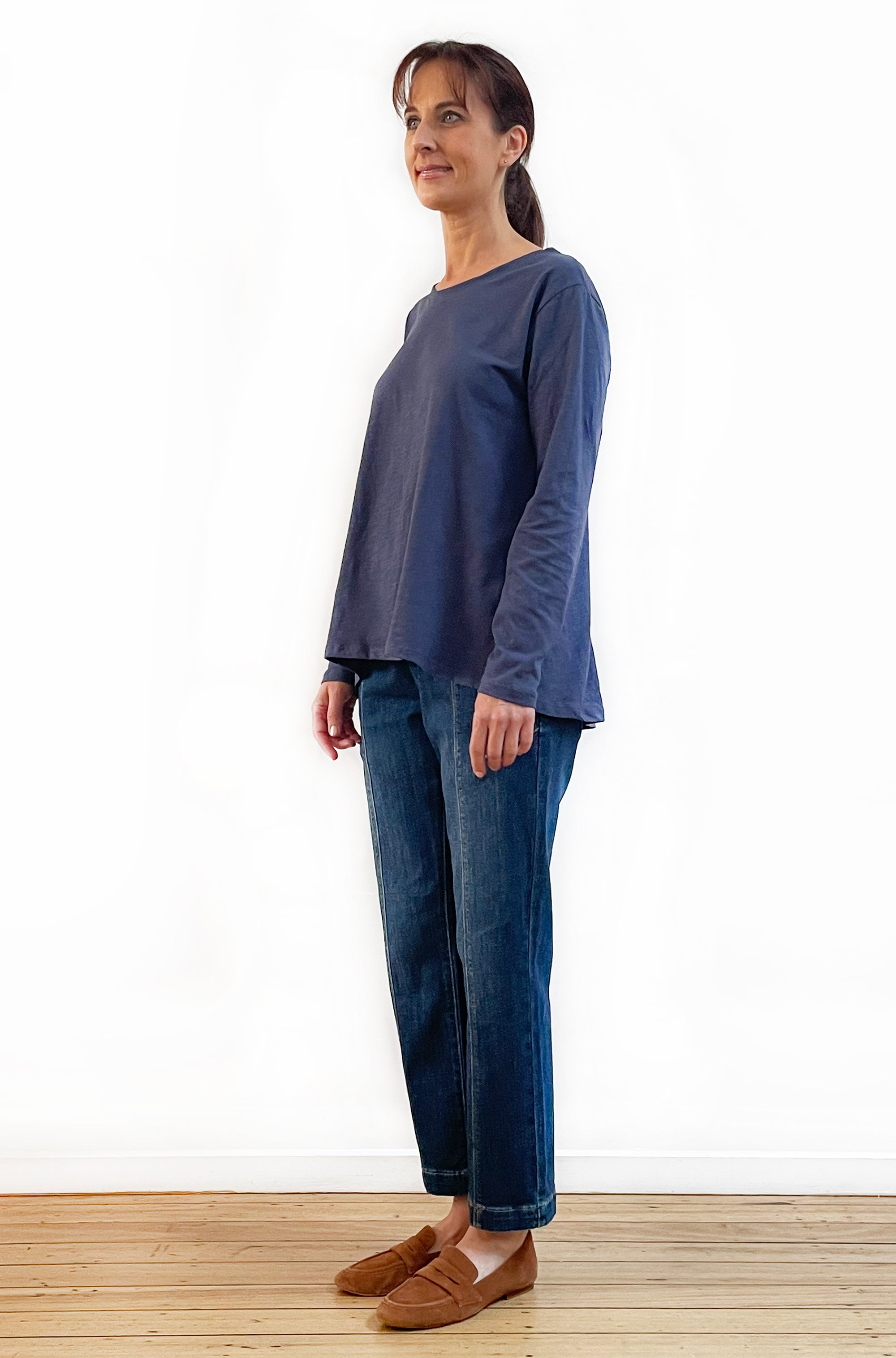 100% COTTON LONG SLEEVE HI LO TEE LIGHT NAVY
