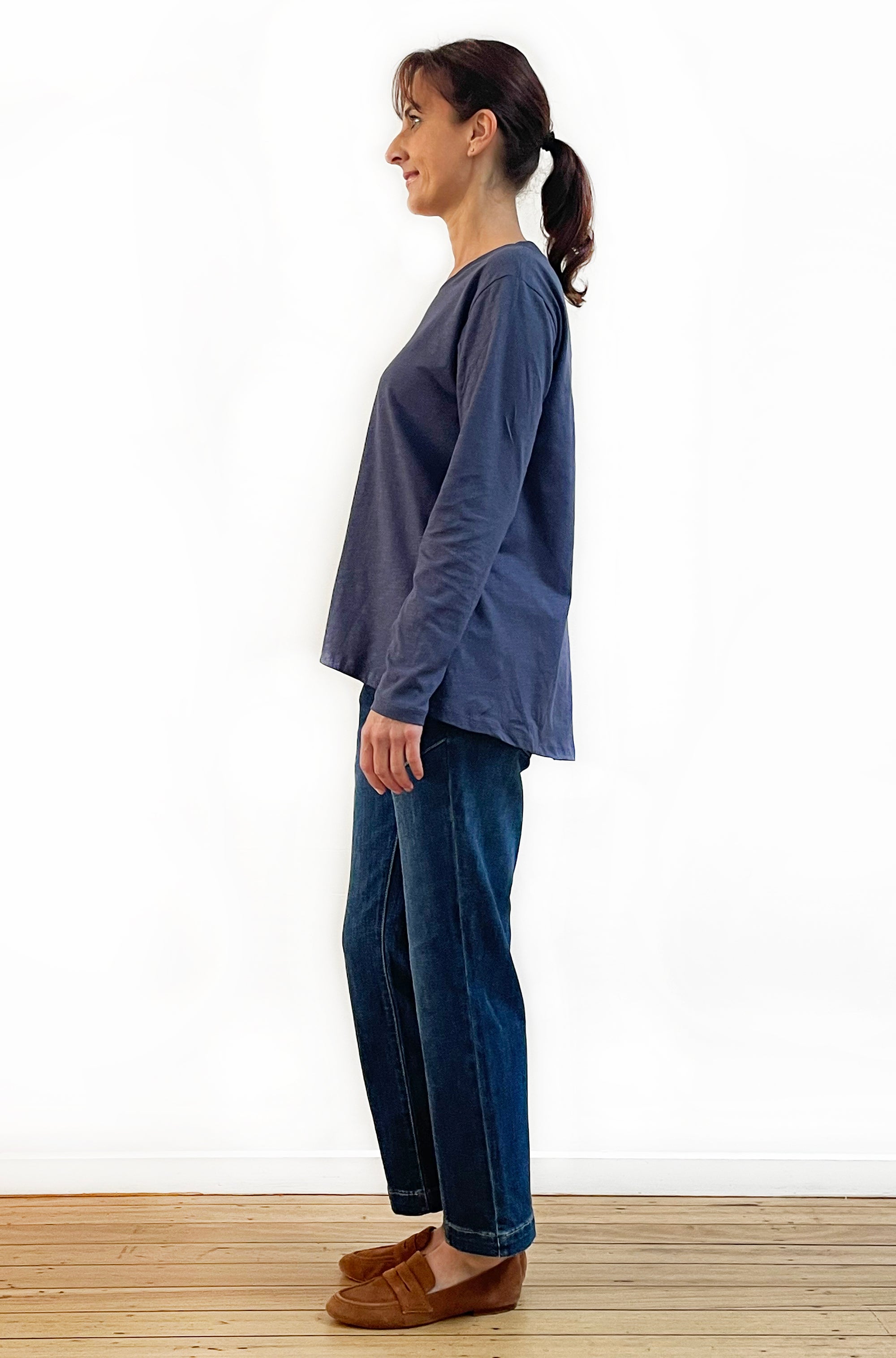 100% COTTON LONG SLEEVE HI LO TEE LIGHT NAVY