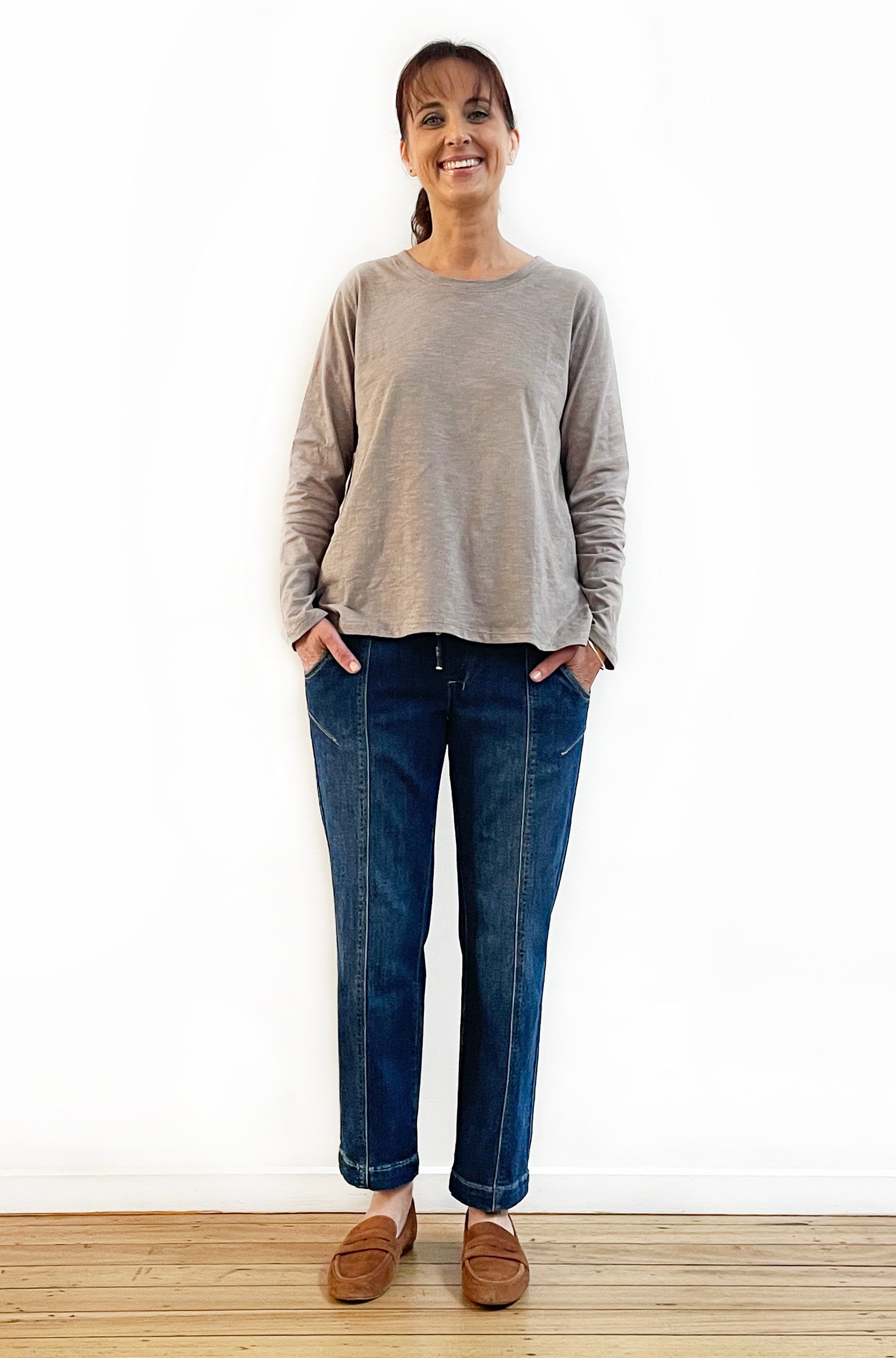 100% COTTON LONG SLEEVE HI LO TEE TAUPE
