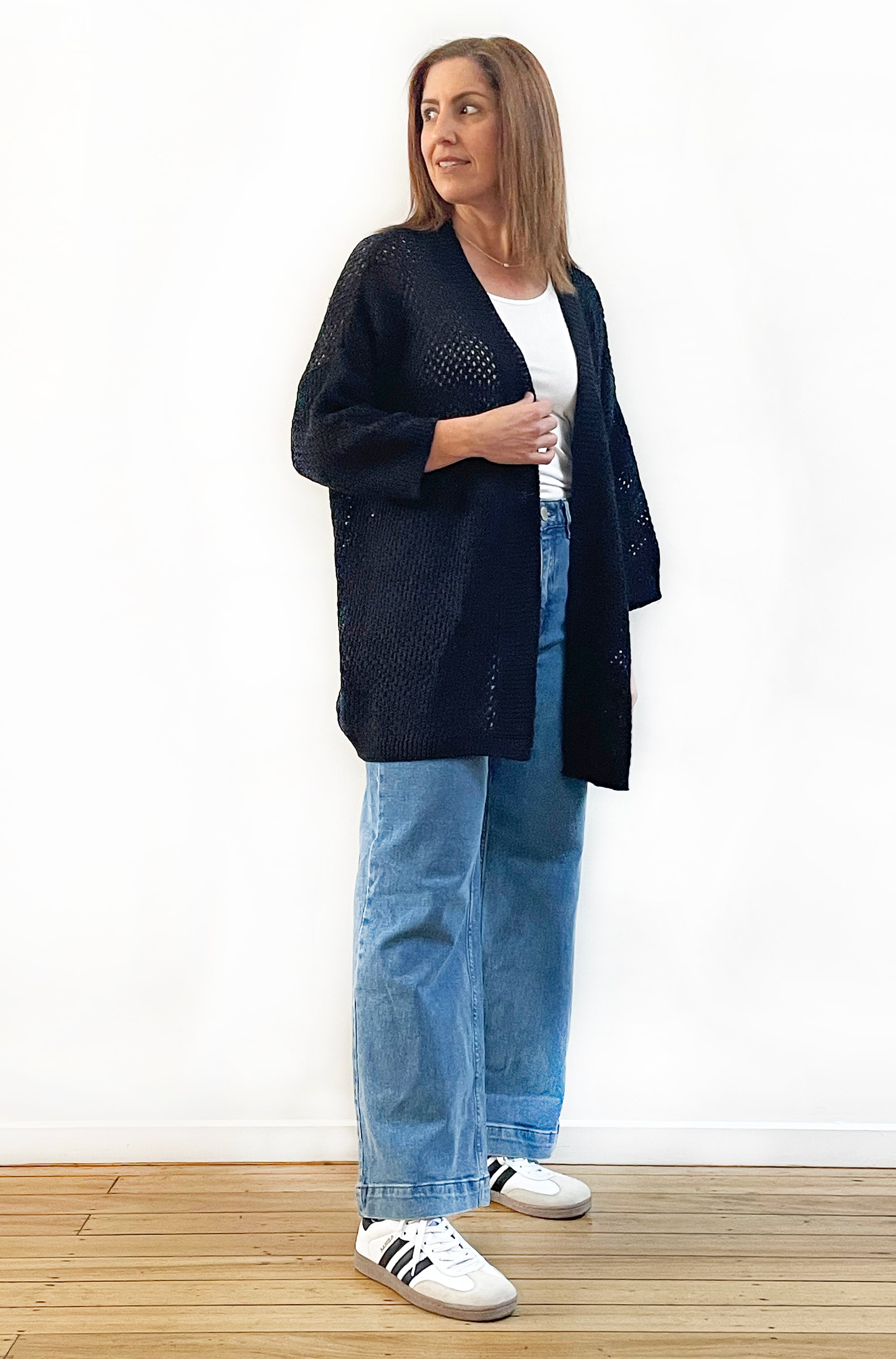 COTTON MESH KNIT CARDI BLACK