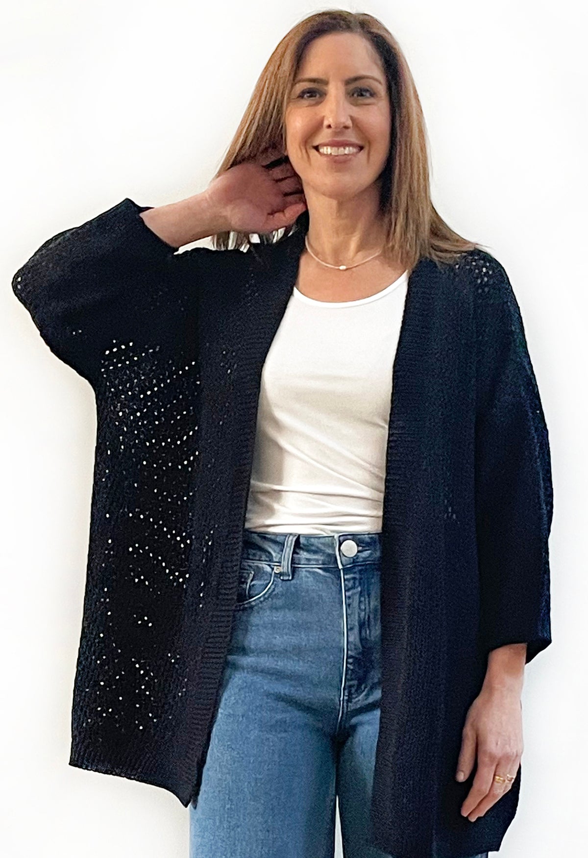 COTTON MESH KNIT CARDI BLACK